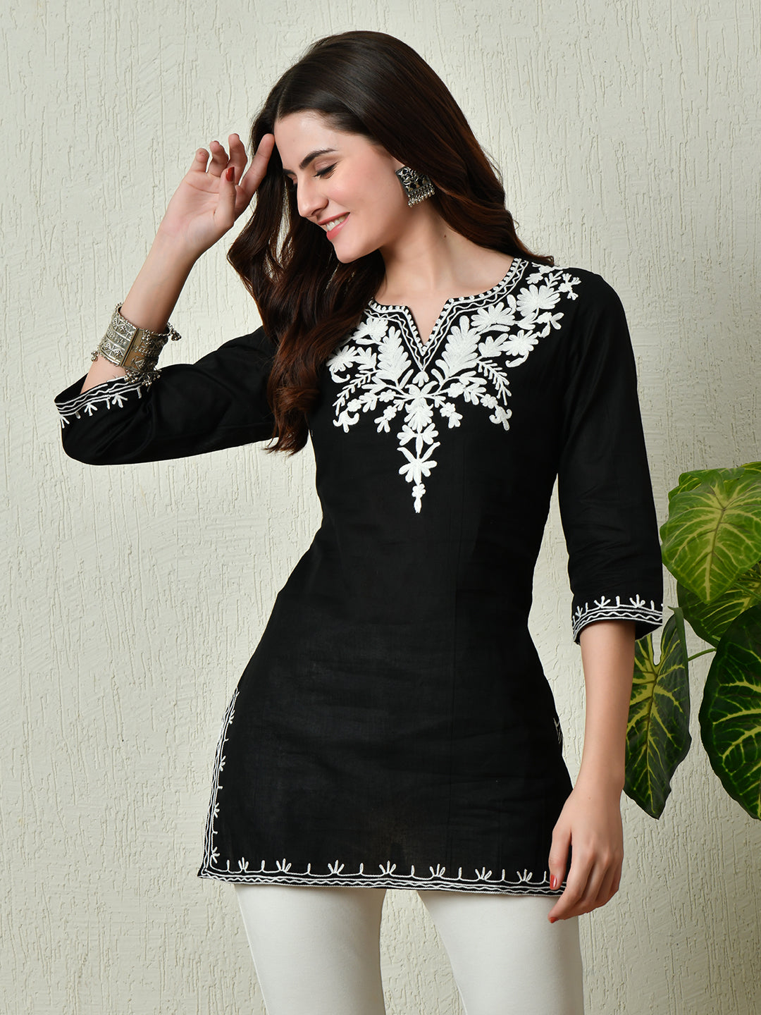 Women's Stylish black Cotton Short Kurti with Elegant Work - Taantav