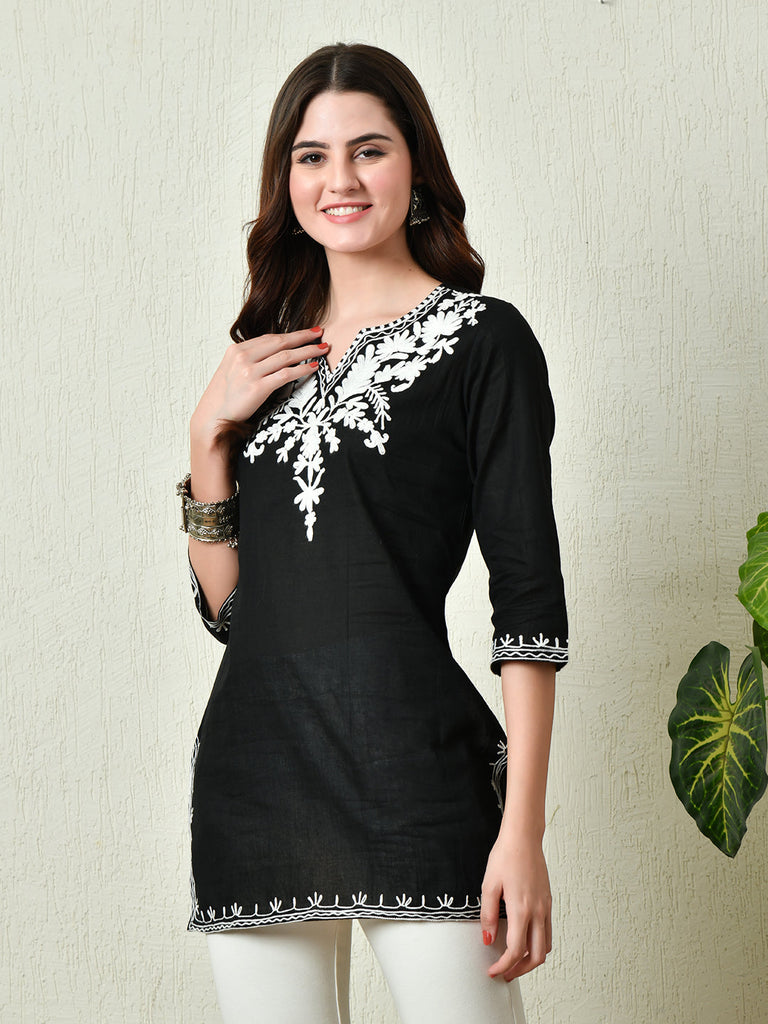 Women's Stylish black Cotton Short Kurti with Elegant Work