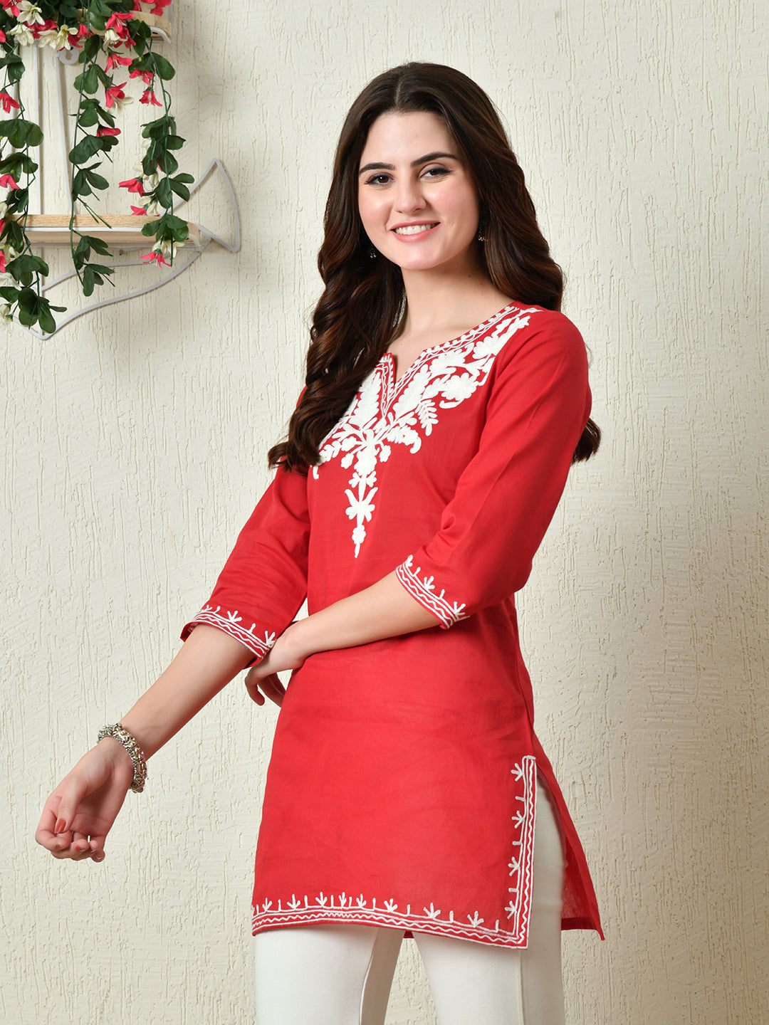 Women's Stylish red Cotton Short Kurti with Elegant Work - Taantav