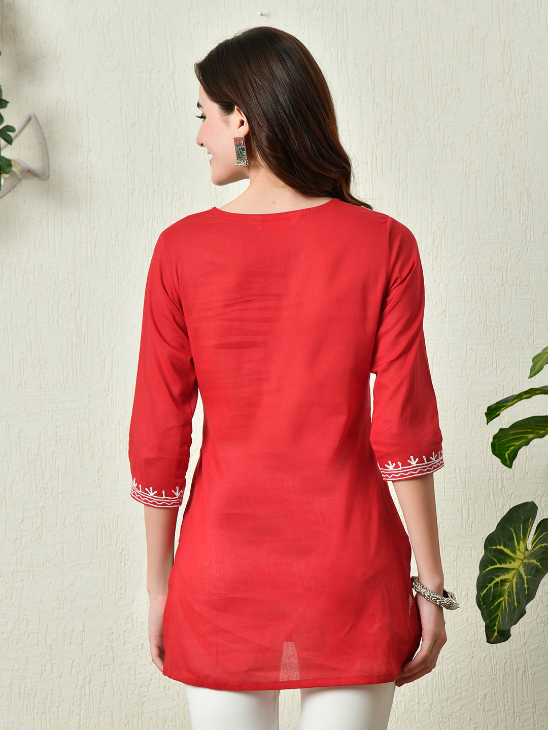 Women's Stylish red Cotton Short Kurti with Elegant Work - Taantav