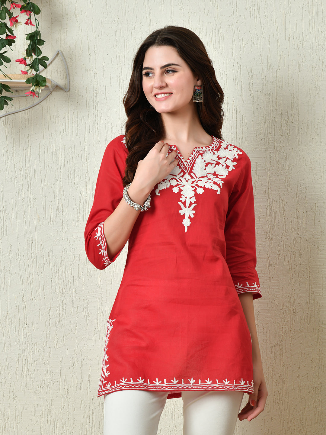 Women's Stylish red Cotton Short Kurti with Elegant Work - Taantav