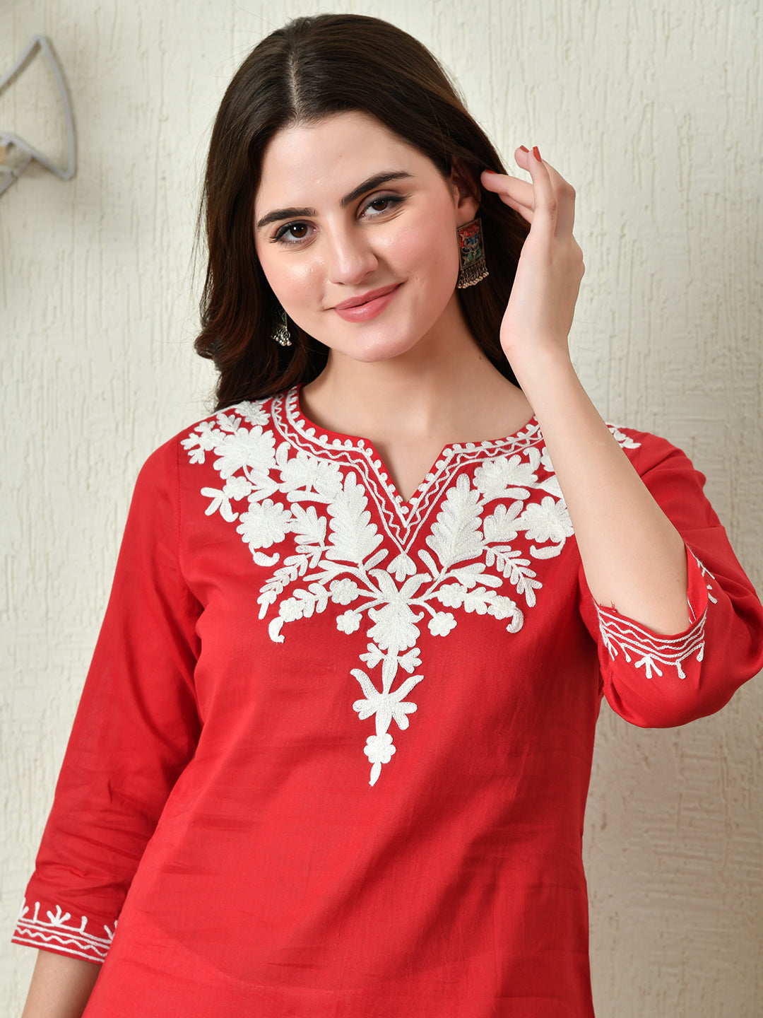 Women's Stylish red Cotton Short Kurti with Elegant Work - Taantav