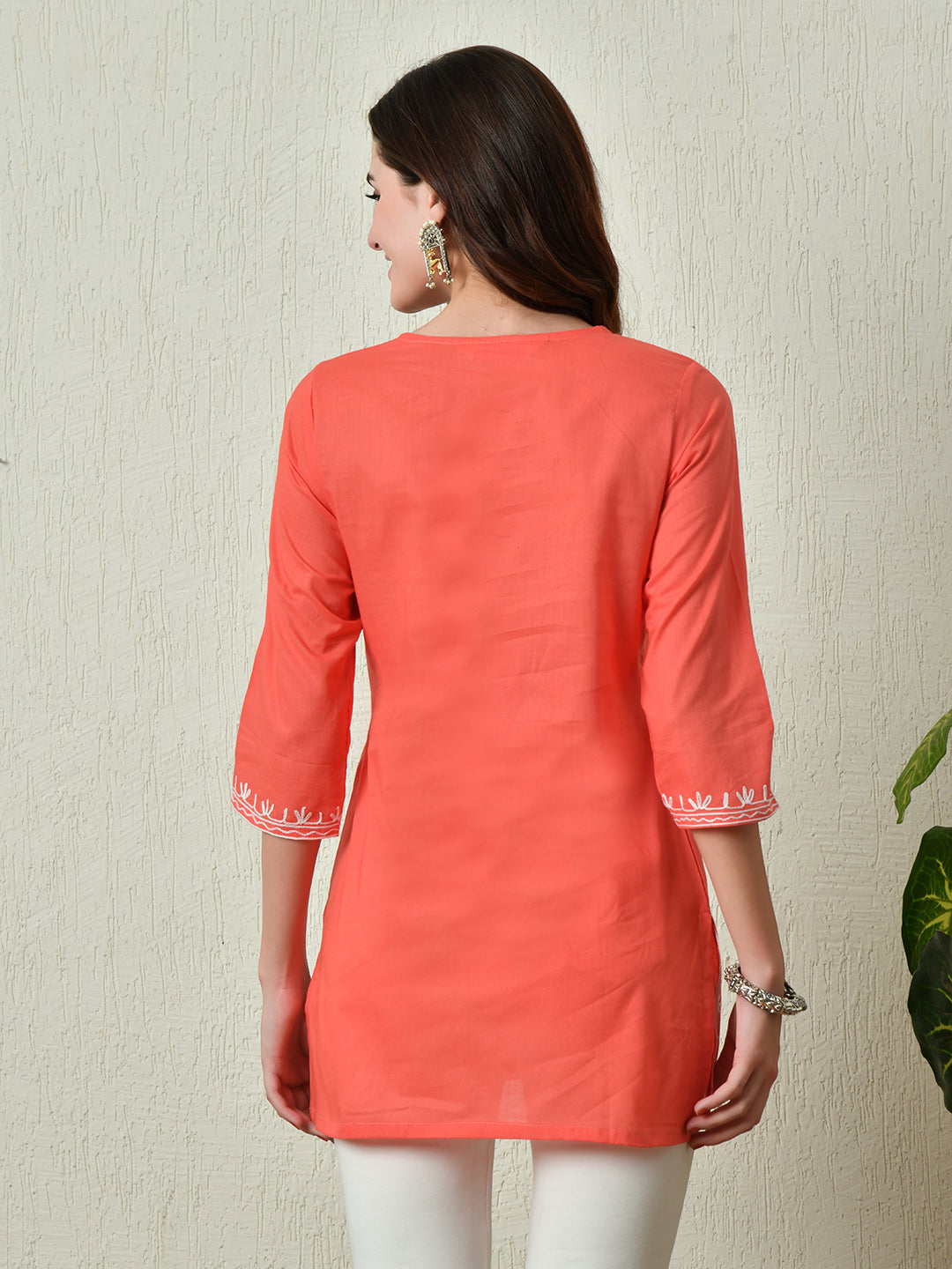 Women's Stylish Peach Cotton Short Kurti with Elegant Work - Taantav