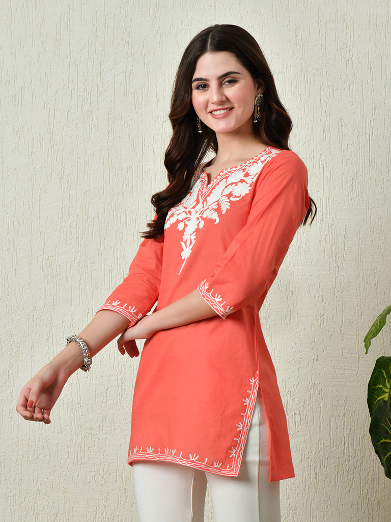 Women's Stylish Peach Cotton Short Kurti with Elegant Work