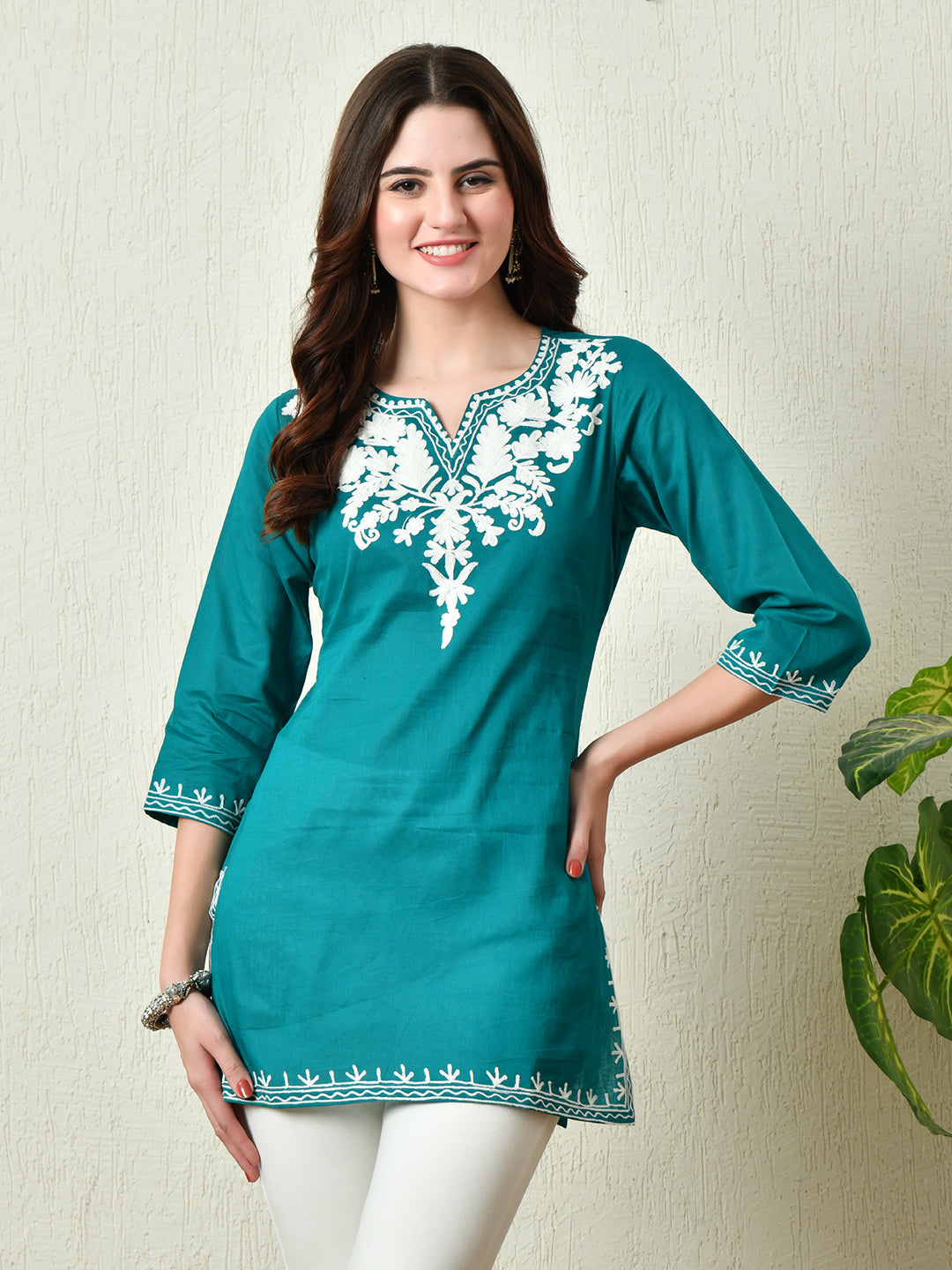 Women's Stylish Turquoise Cotton Short Kurti with Elegant Work - Taantav