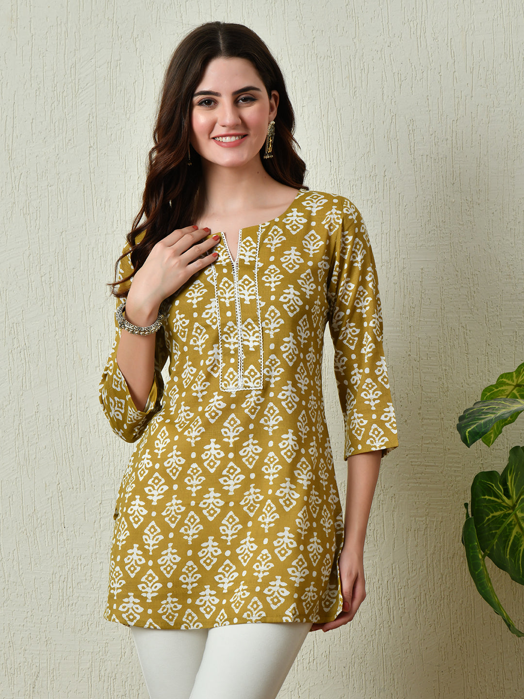 Women's Stylish Mustard Cotton Short Kurti with Elegant Print - Taantav