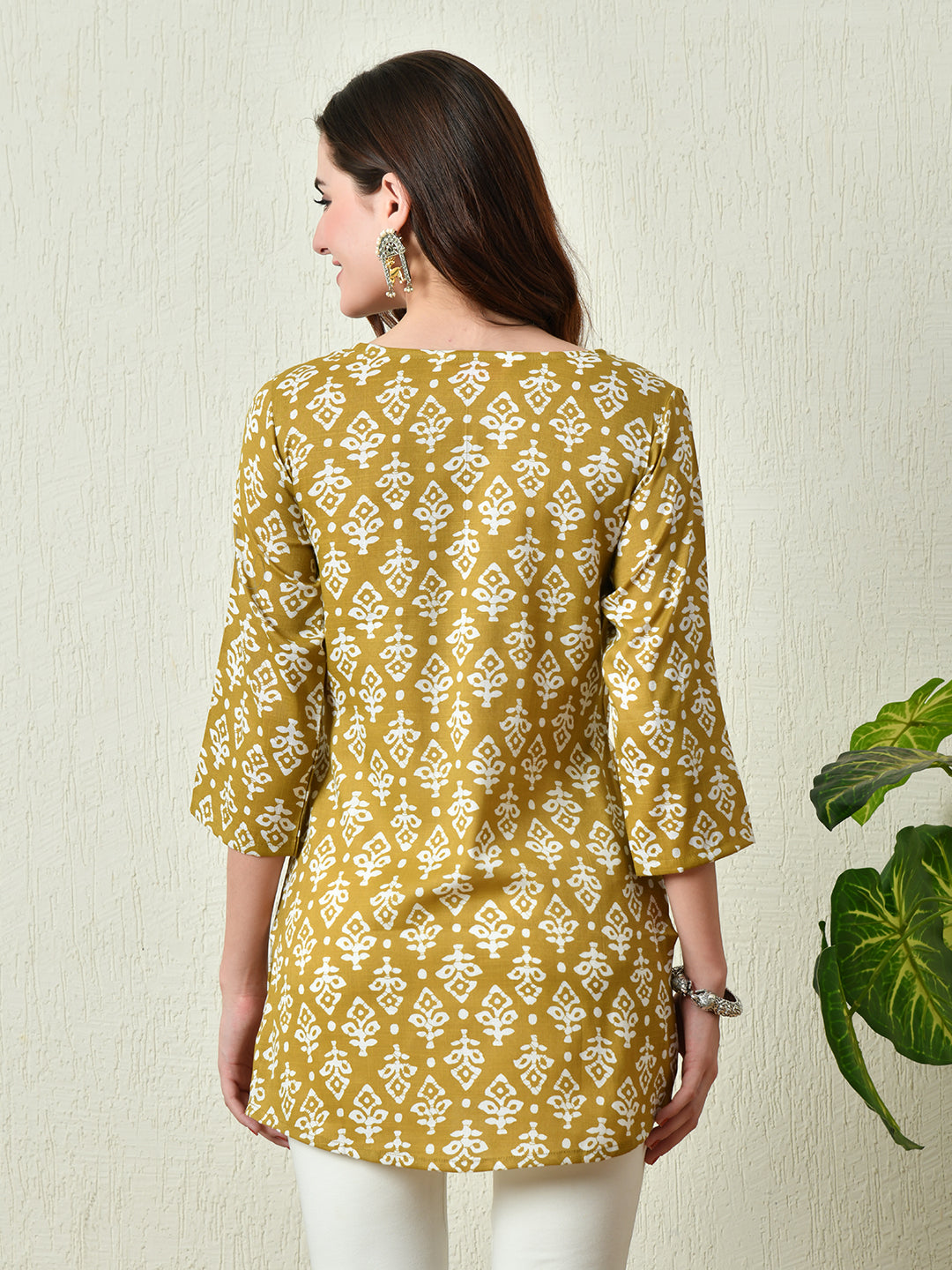 Women's Stylish Mustard Cotton Short Kurti with Elegant Print - Taantav