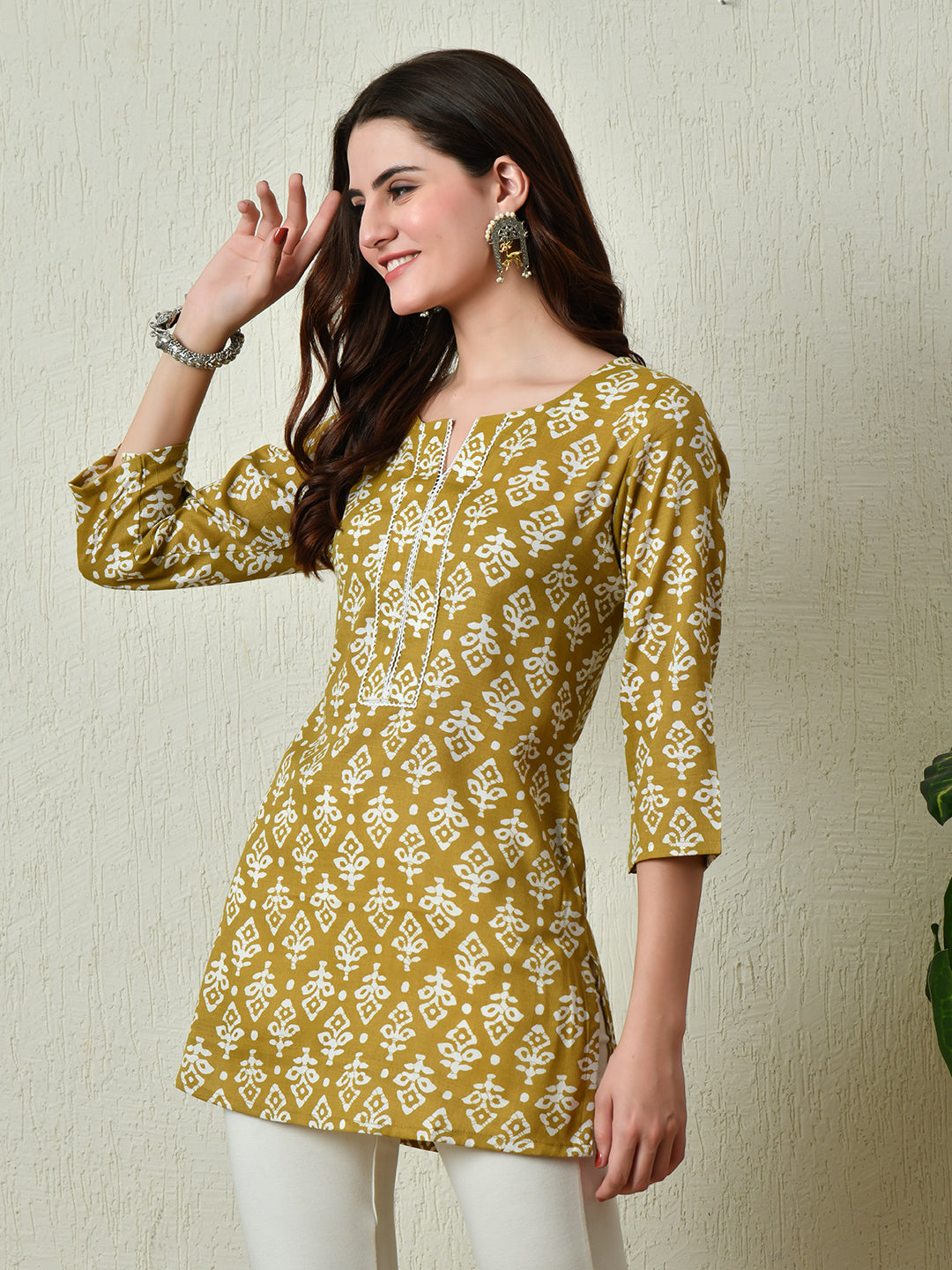 Women's Stylish Mustard Cotton Short Kurti with Elegant Print - Taantav