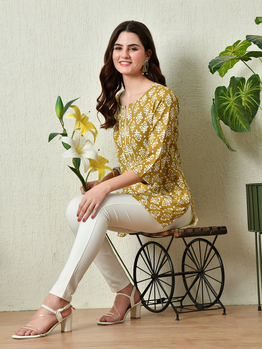 Women's Stylish Mustard Cotton Short Kurti with Elegant Print - Taantav