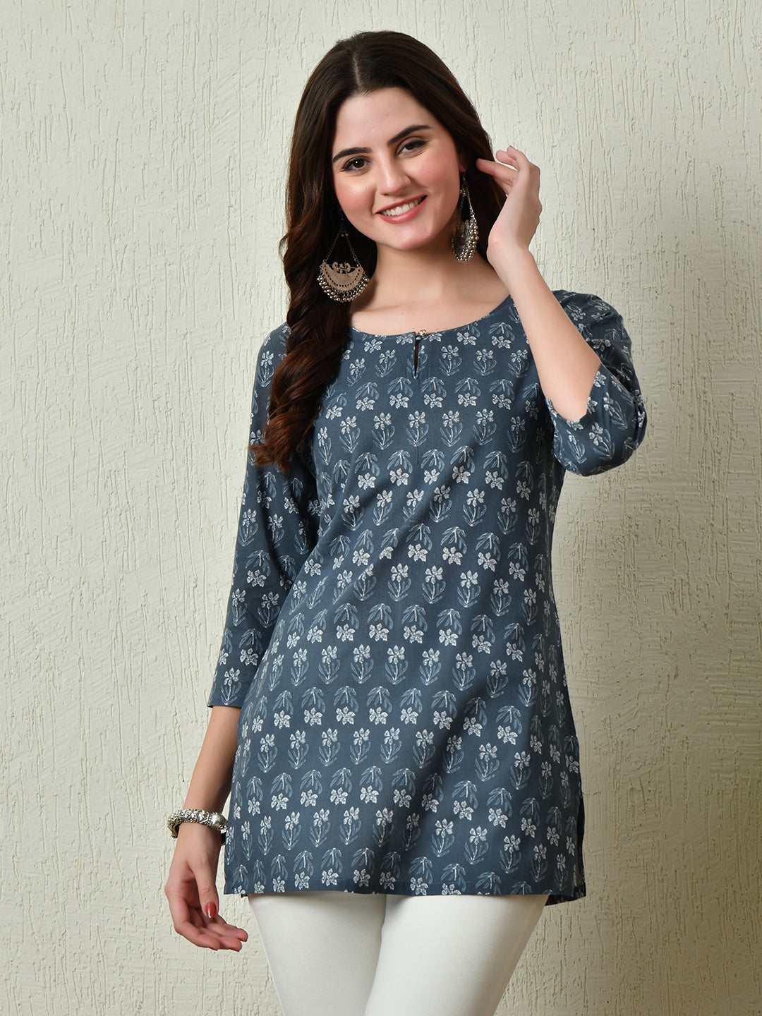 Women's Stylish grey Cotton Short Kurti with Elegant Print - Taantav