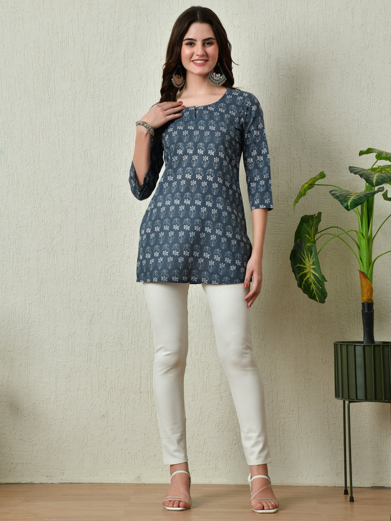 Women's Stylish grey Cotton Short Kurti with Elegant Print