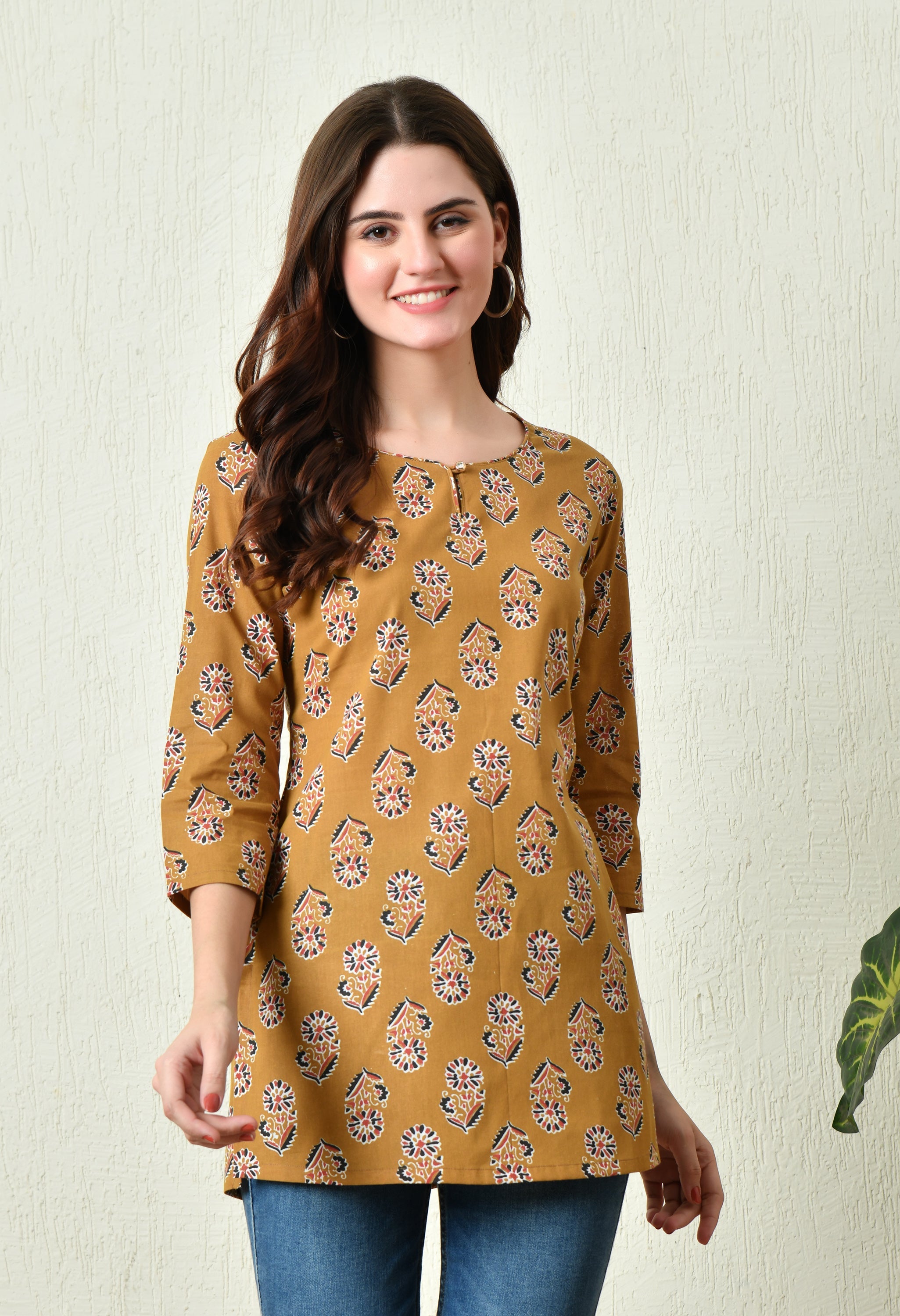 Women's Stylish Mustard Cotton Short Kurti with Elegant Print - Taantav