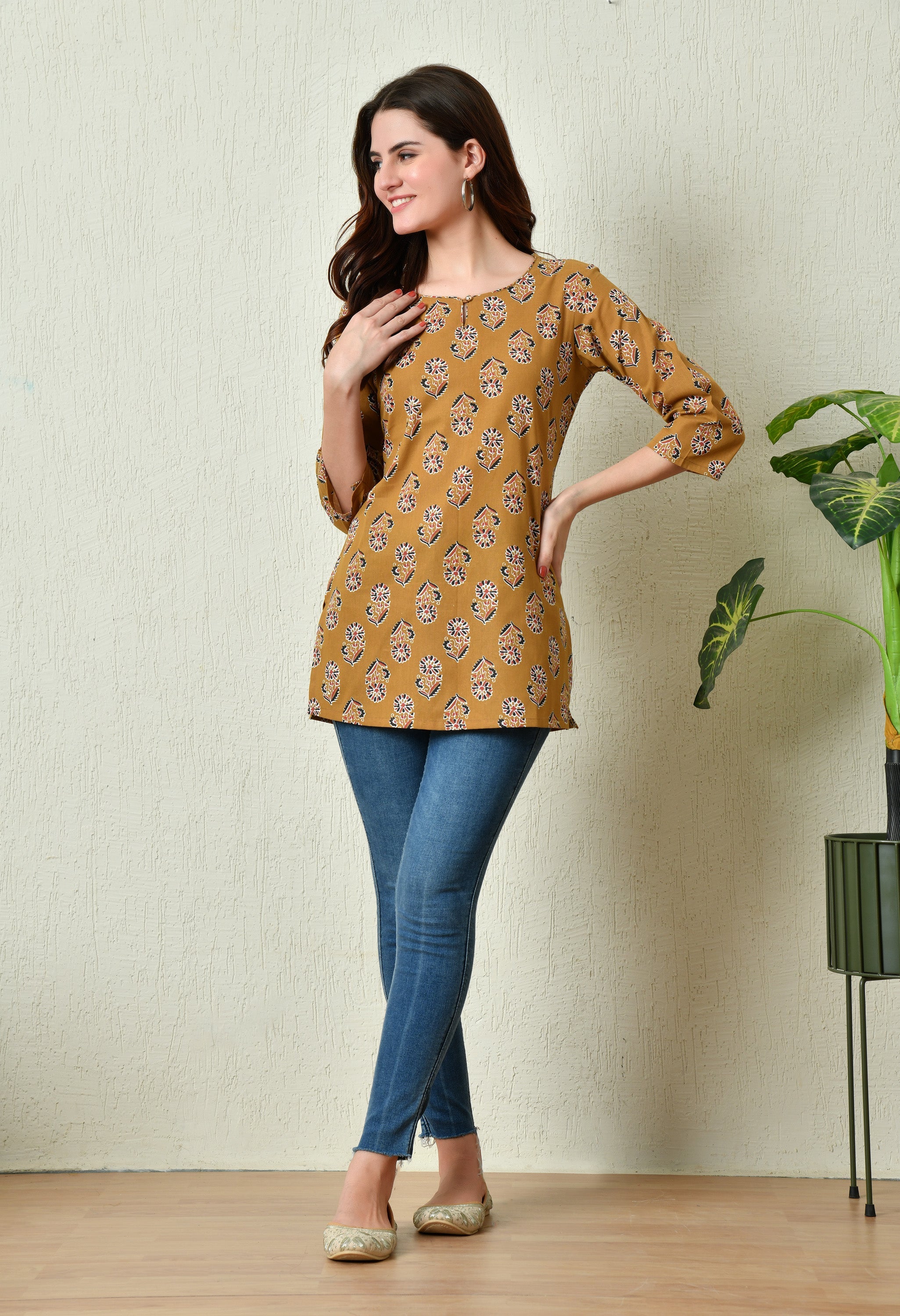 Women's Stylish Mustard Cotton Short Kurti with Elegant Print - Taantav