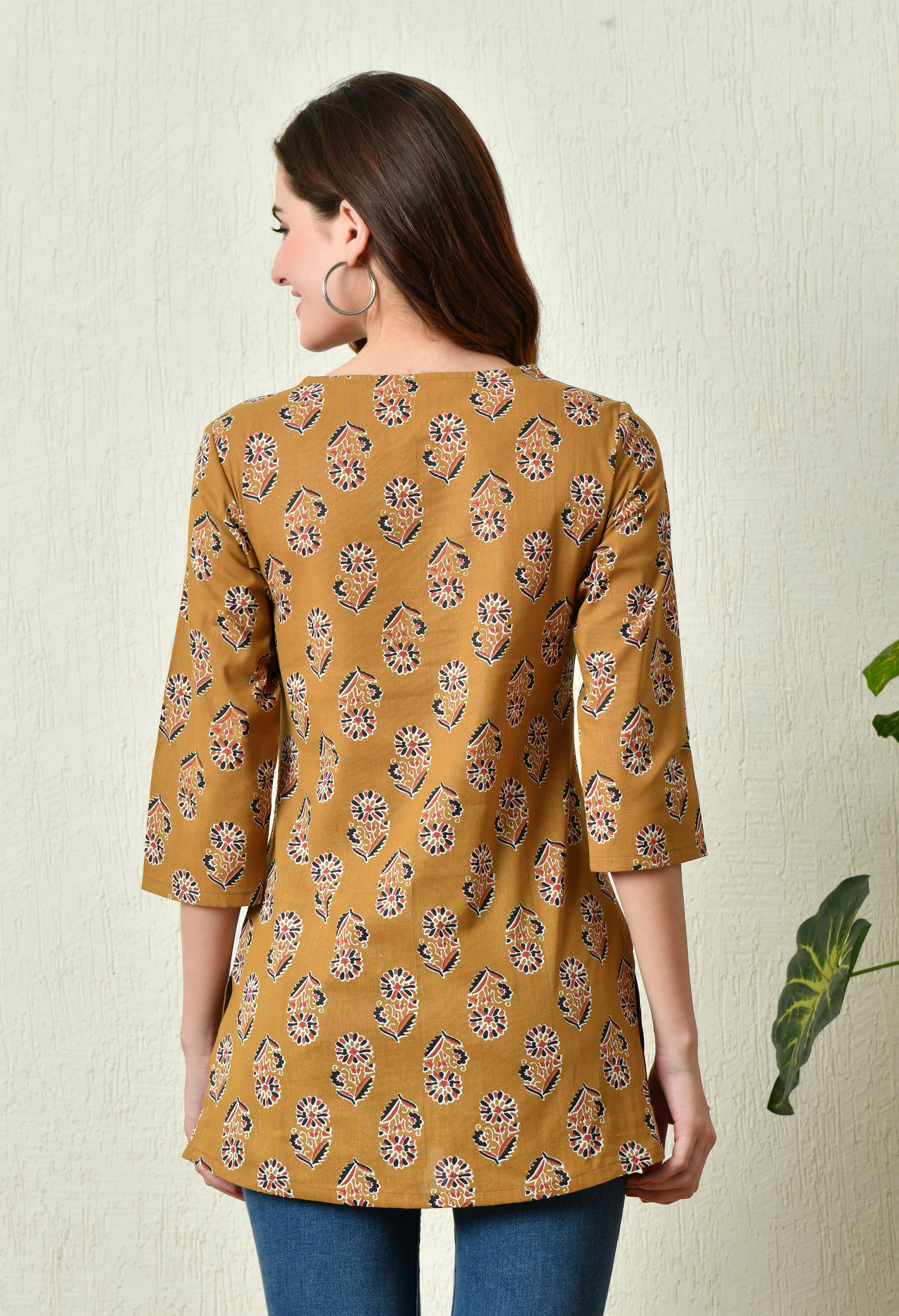 Women's Stylish Mustard Cotton Short Kurti with Elegant Print - Taantav