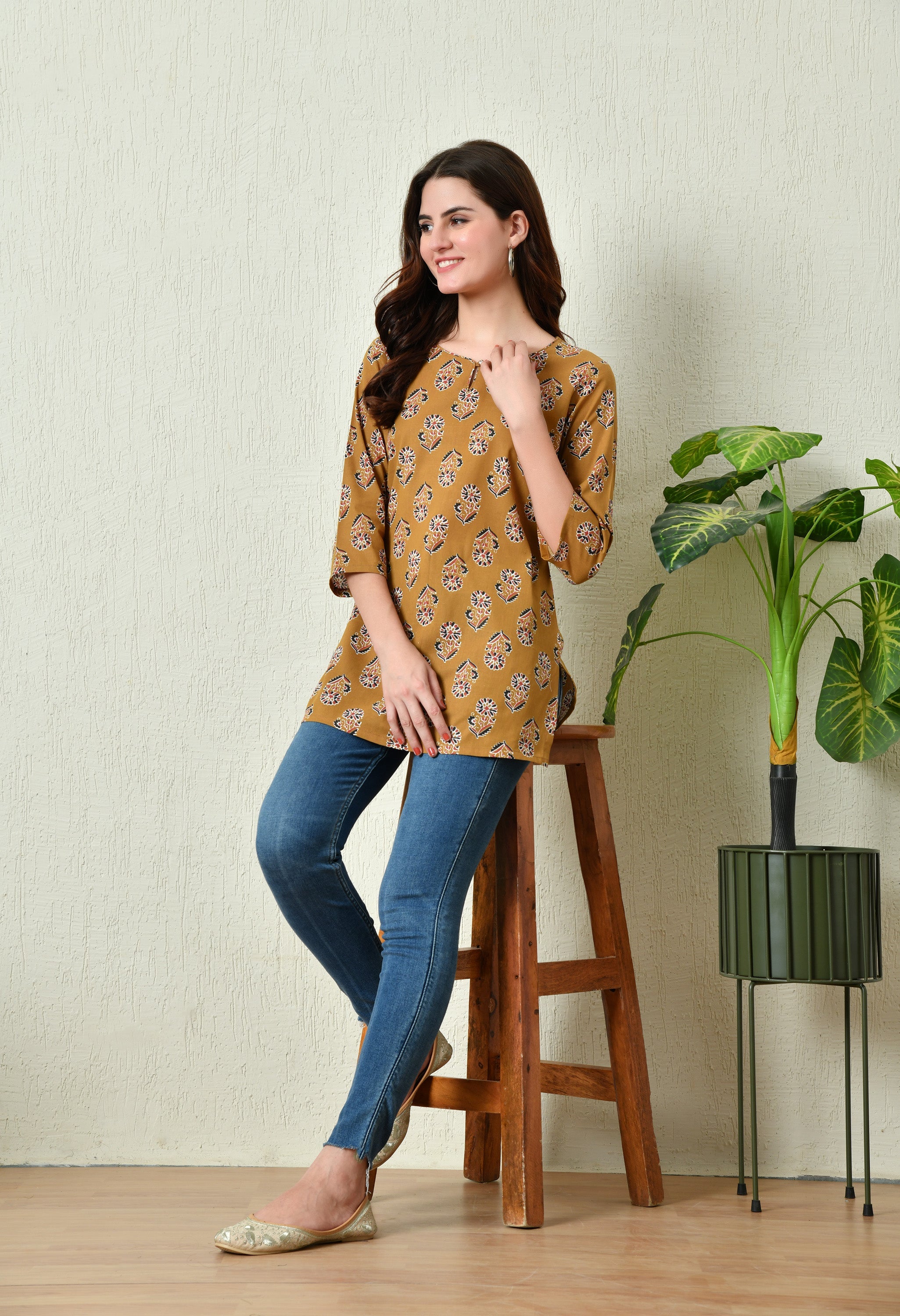 Women's Stylish Mustard Cotton Short Kurti with Elegant Print - Taantav