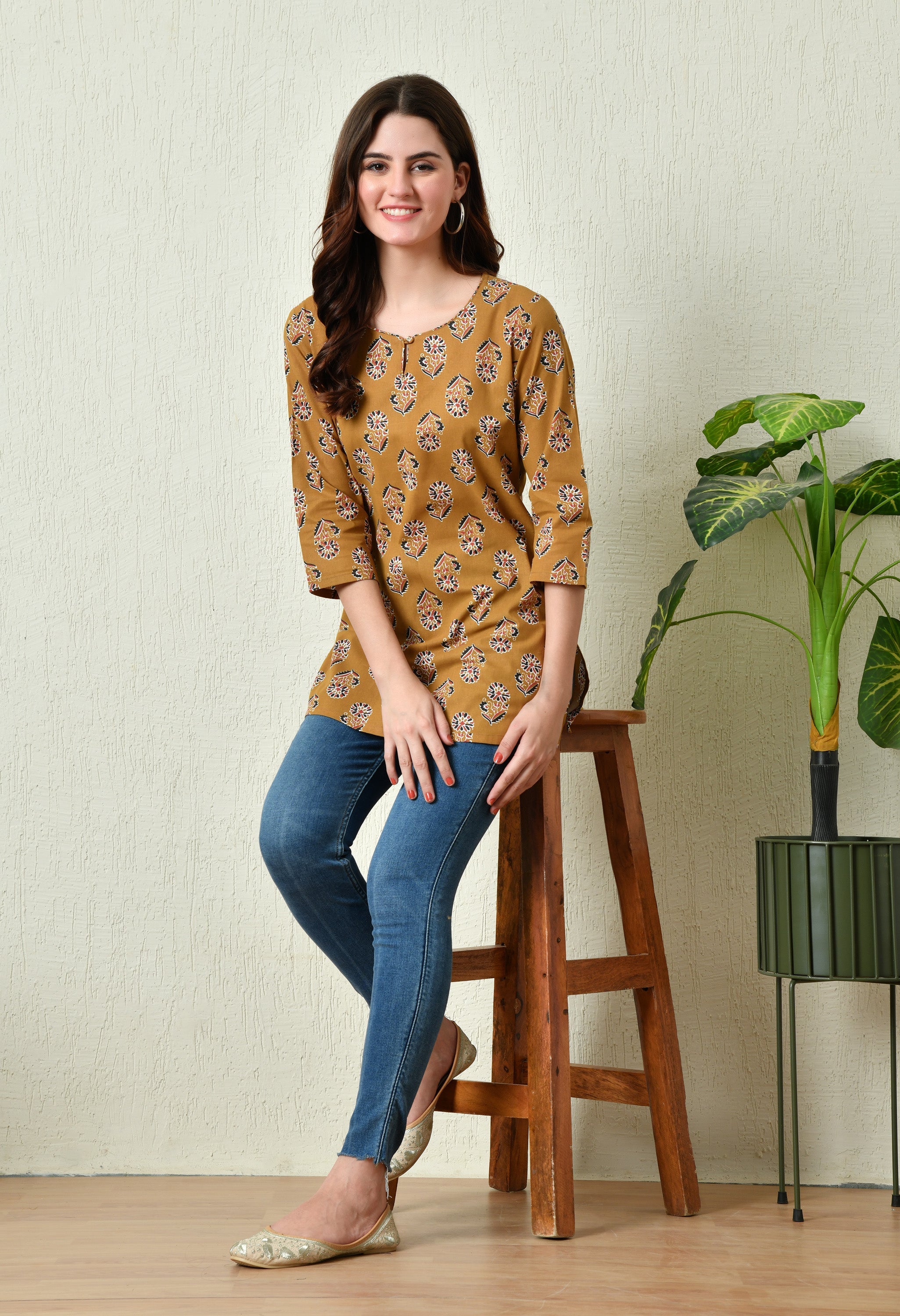 Women's Stylish Mustard Cotton Short Kurti with Elegant Print - Taantav