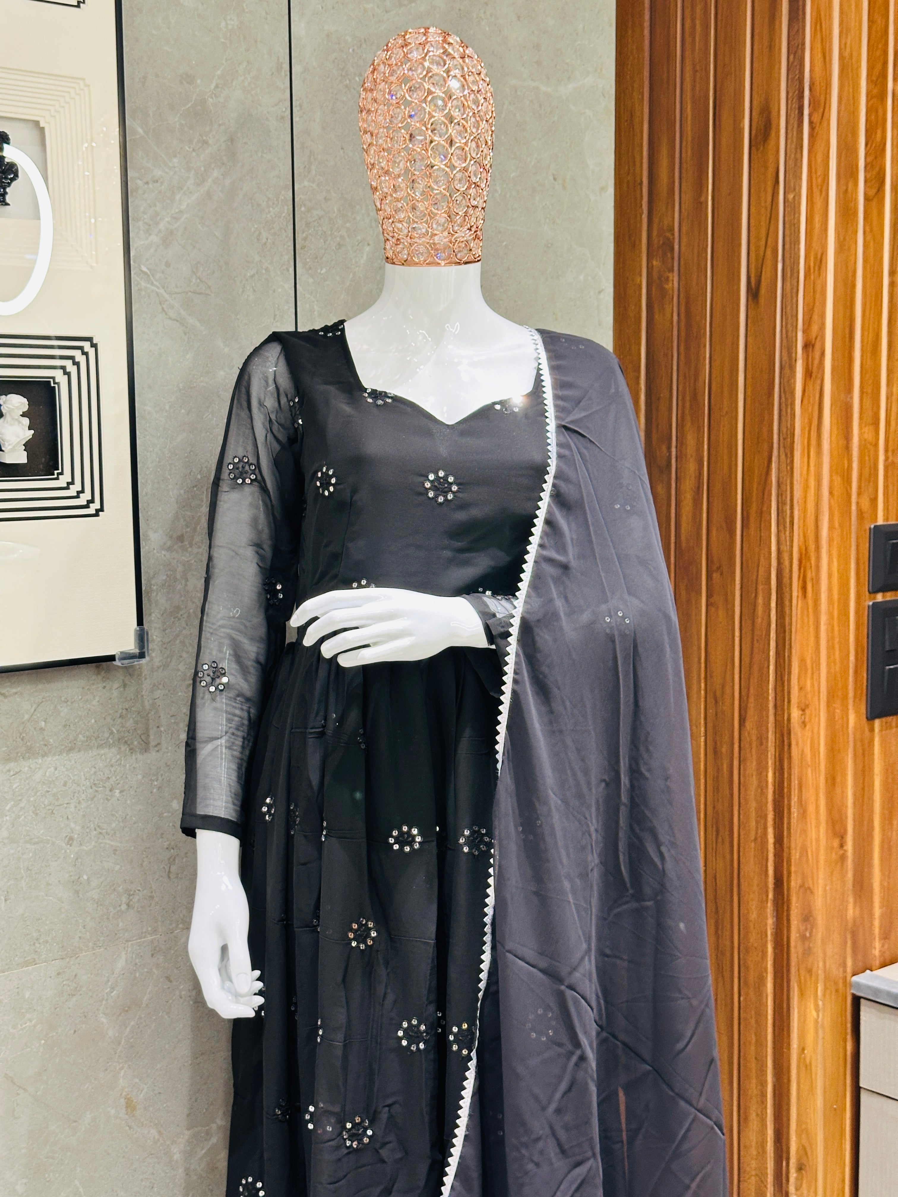 Women's Black Georgette Embroidered Gown
