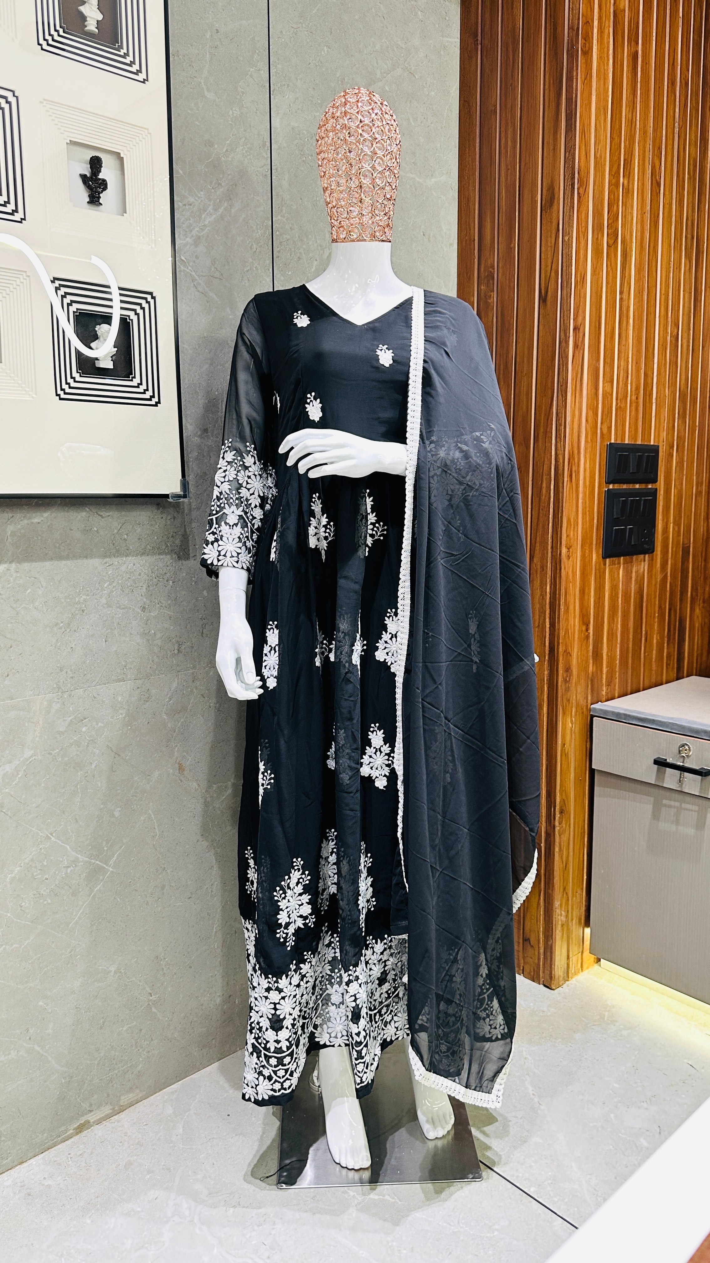 Women's Black Georgette Embroidered Gown