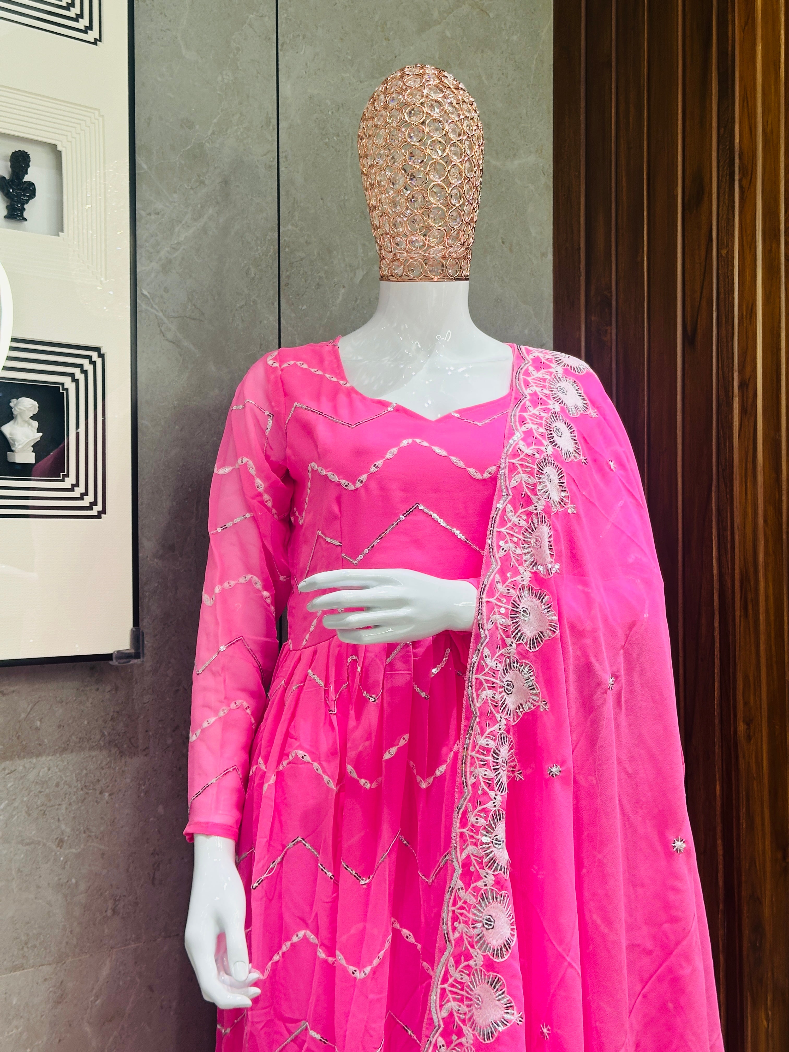 Women's Pink Georgette Embroidered, Sequins Gown