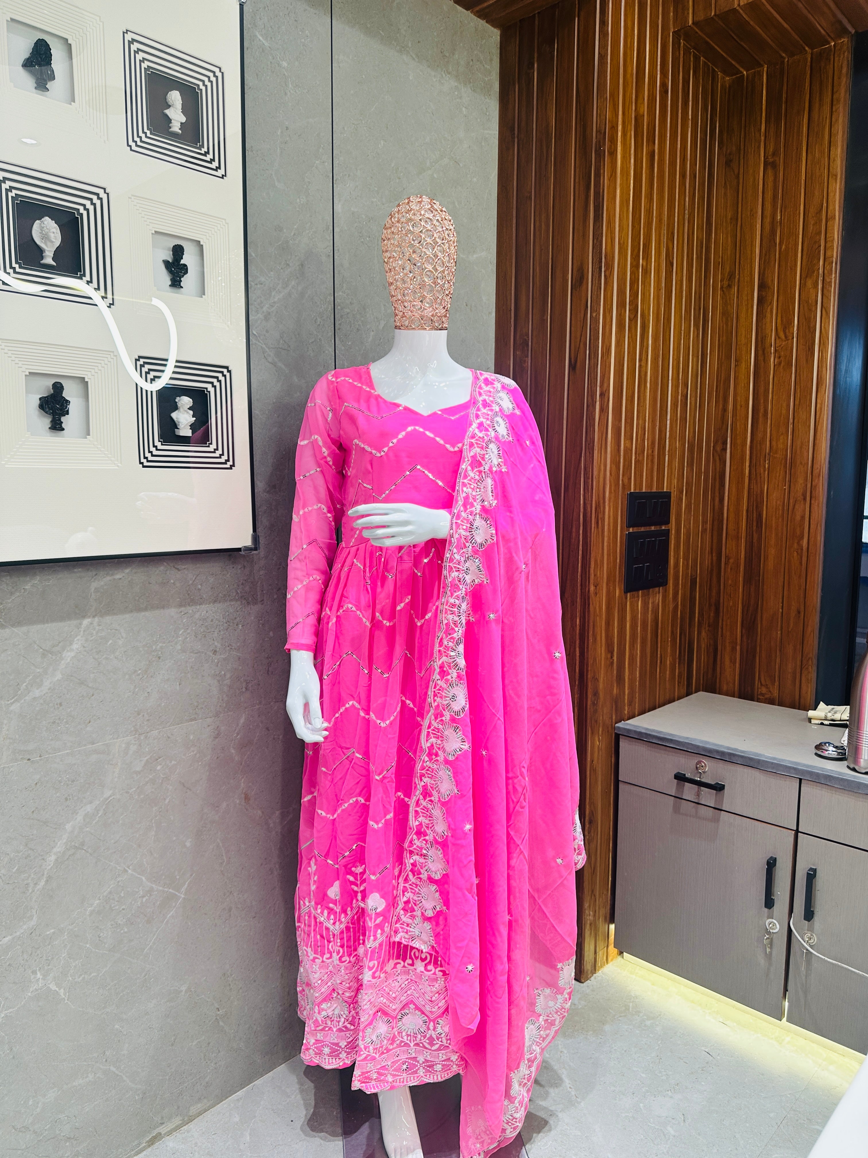 Women's Pink Georgette Embroidered, Sequins Gown