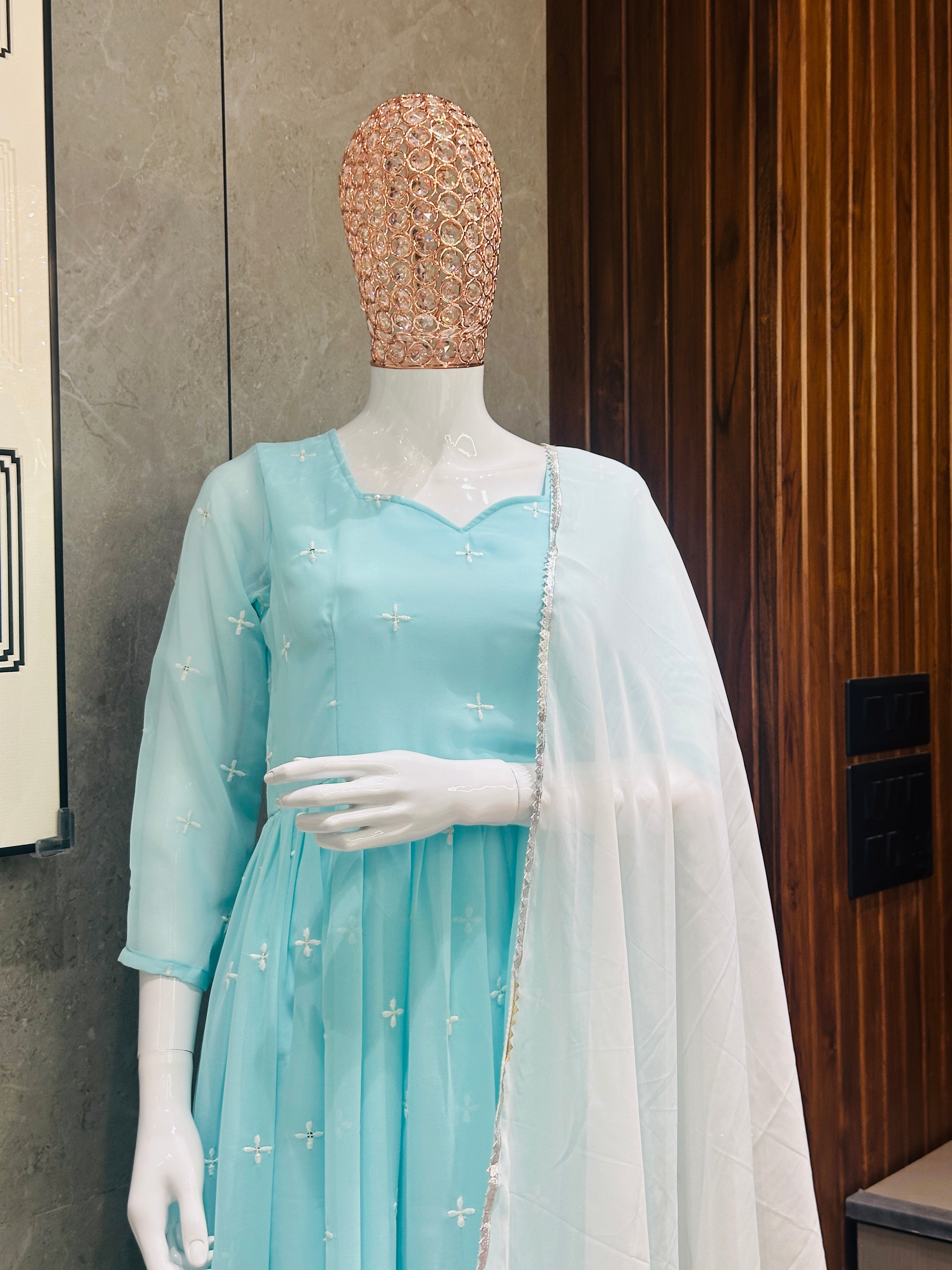 Women's Sky Blue Georgette Embroidered Gown