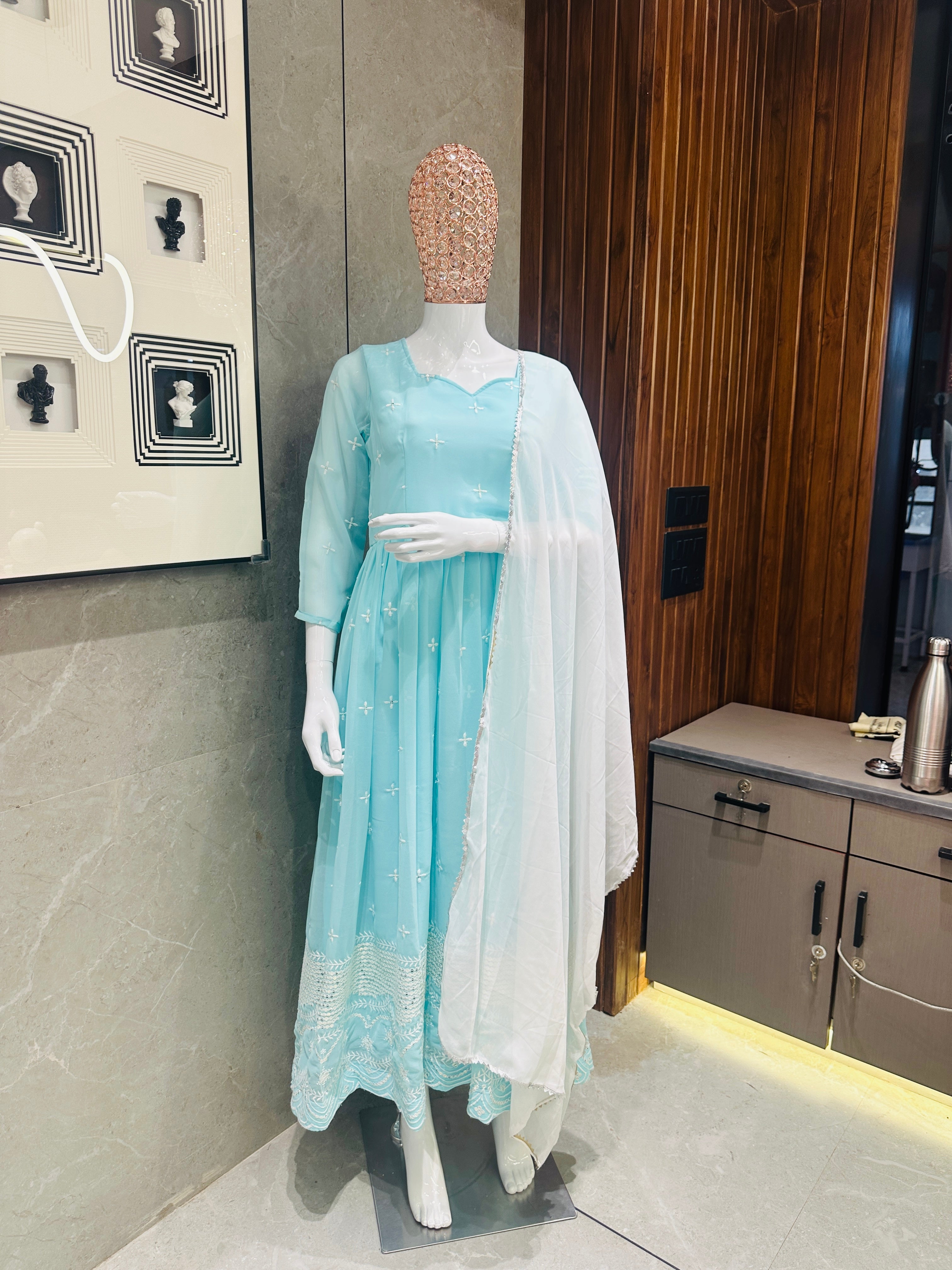 Women's Sky Blue Georgette Embroidered Gown