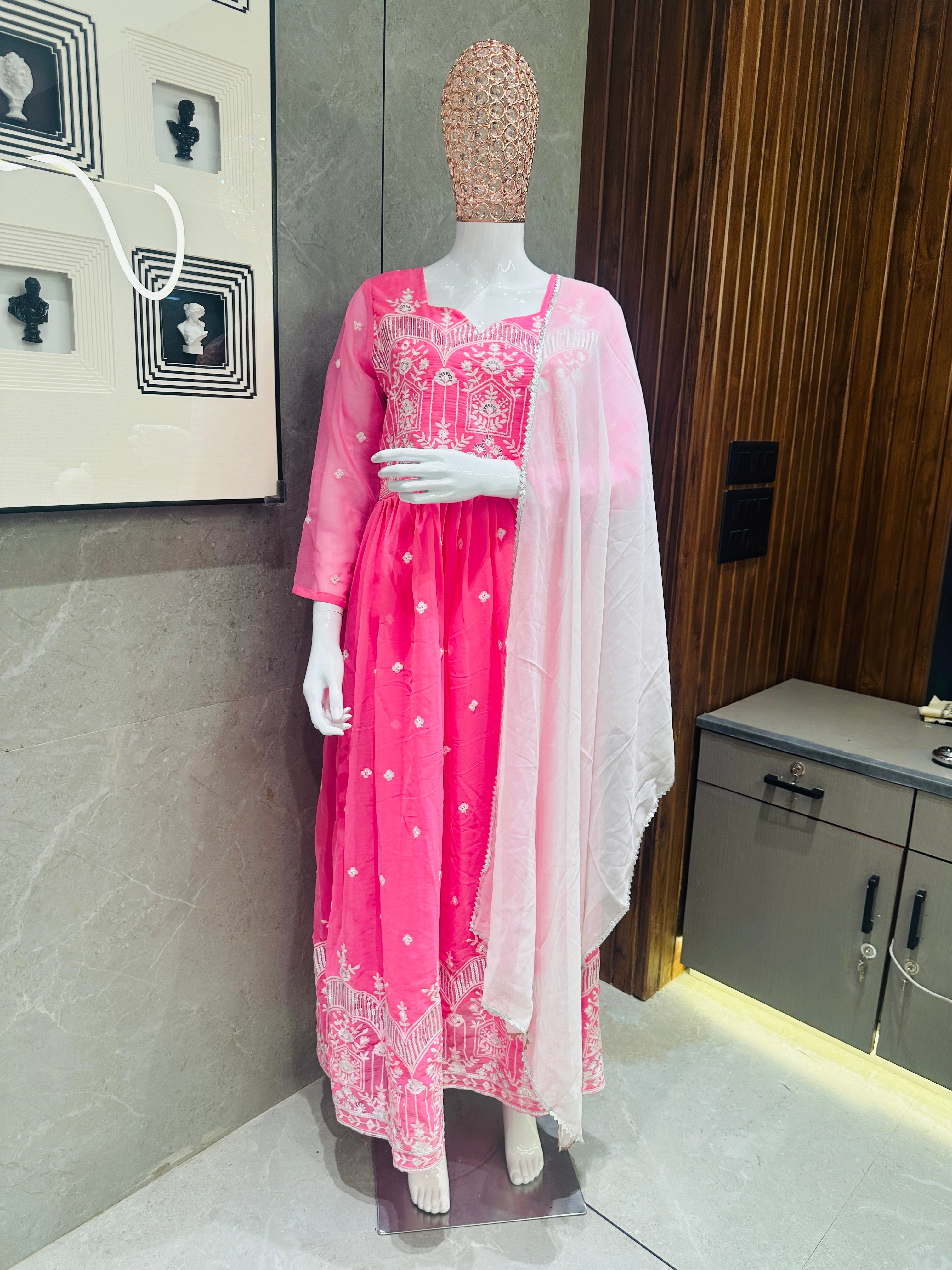 Women's Pink Georgette Embroidered Gown