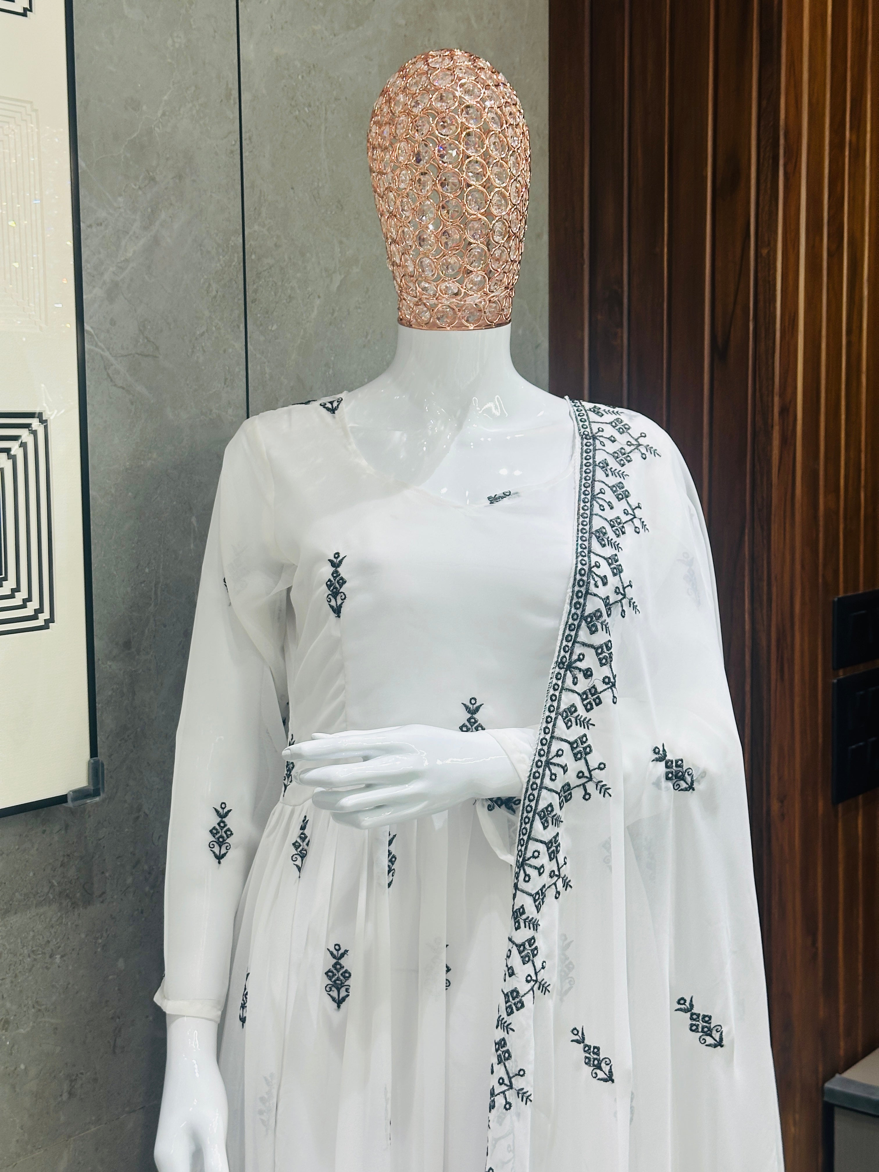 Women's White Georgette Embroidered Gown