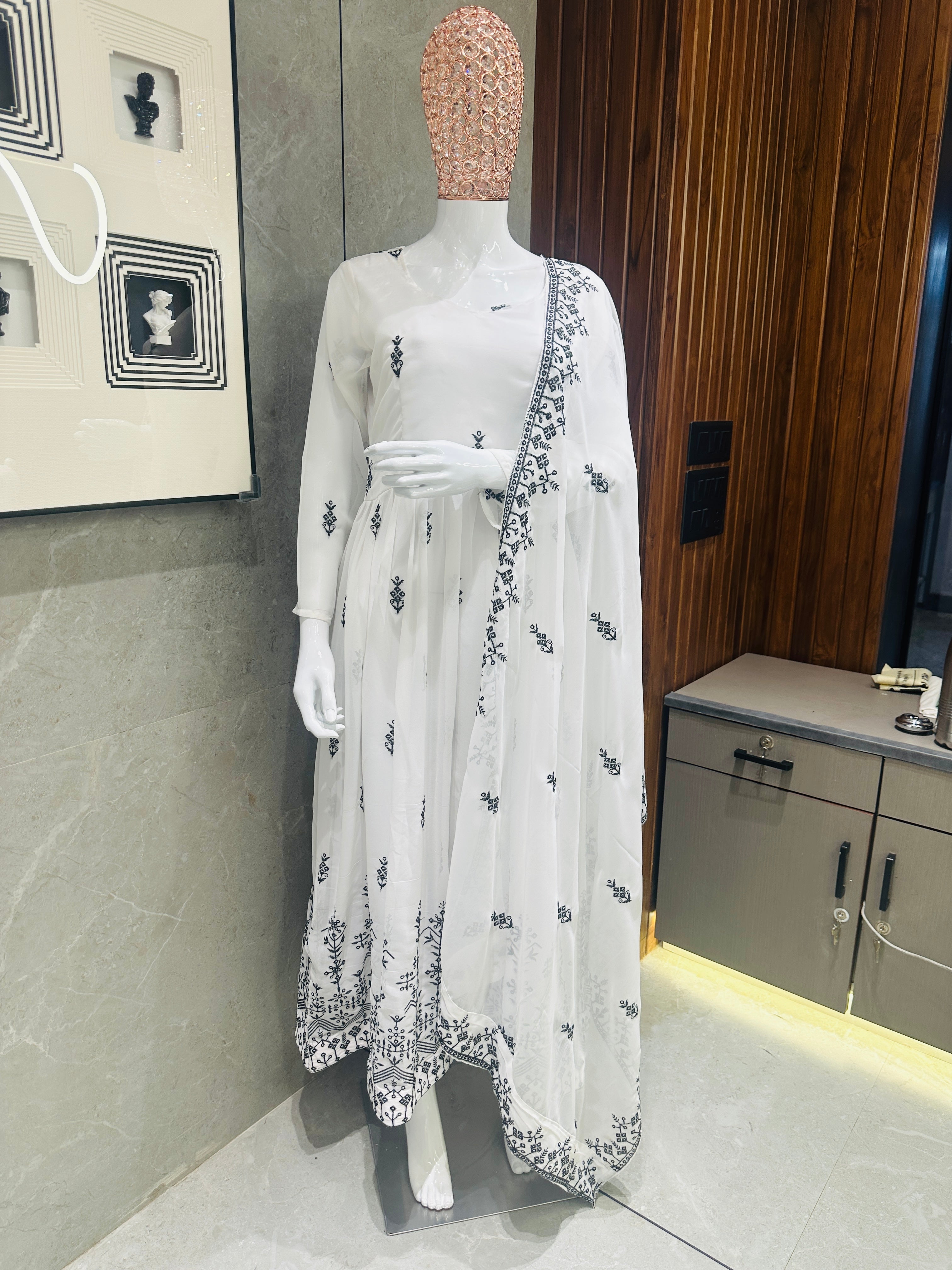 Women's White Georgette Embroidered Gown