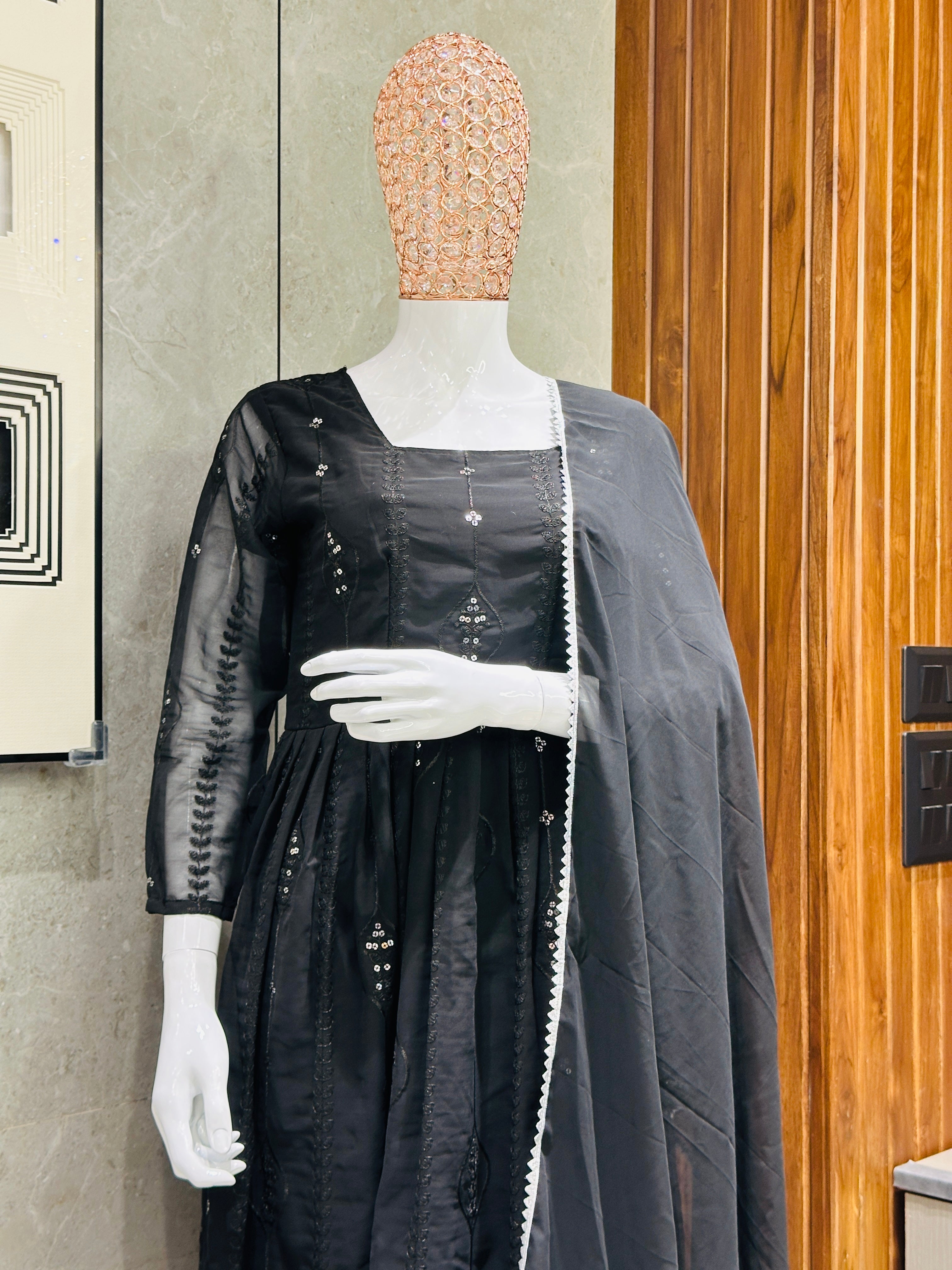 Women's Black Georgette Embroidered Gown