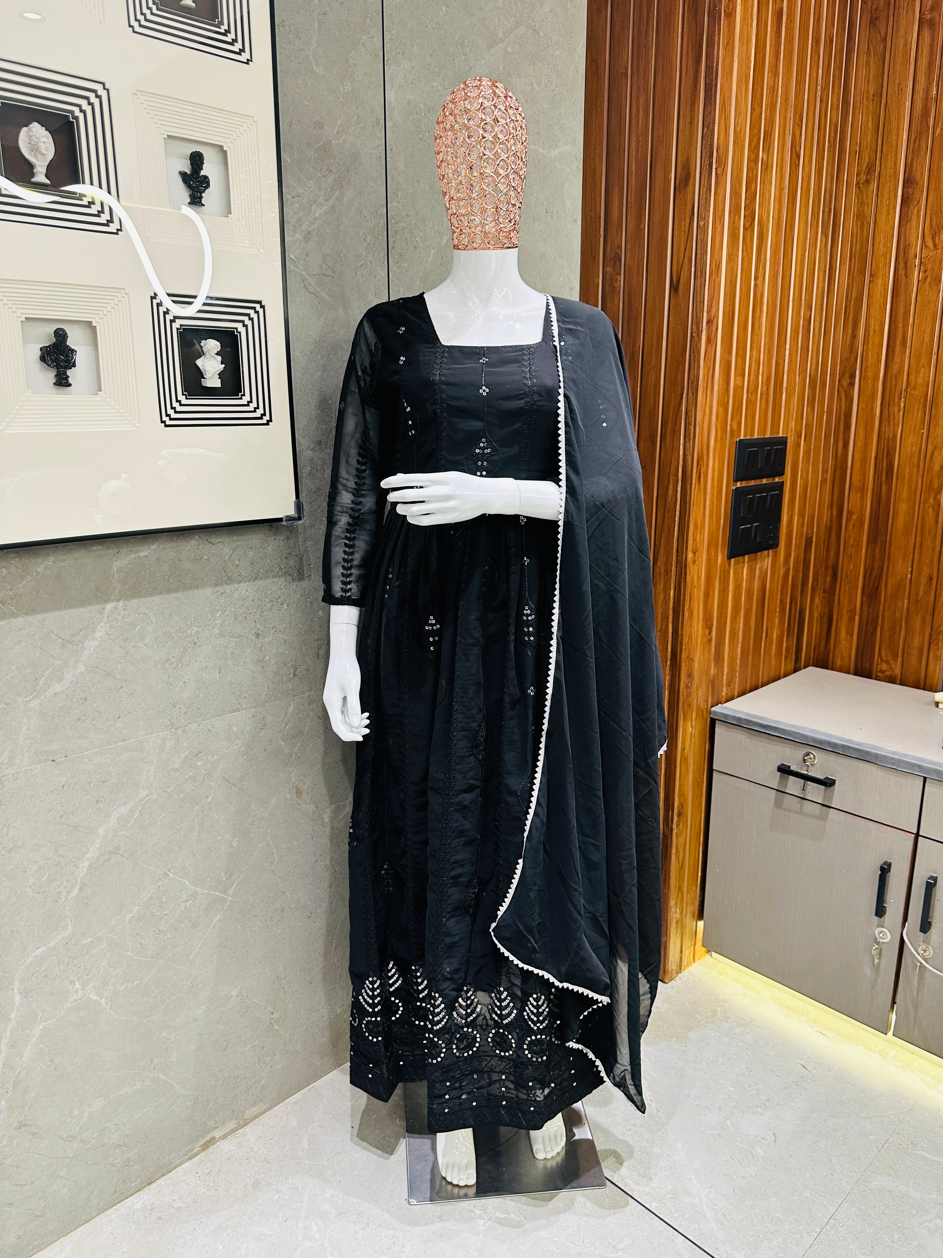 Women's Black Georgette Embroidered Gown