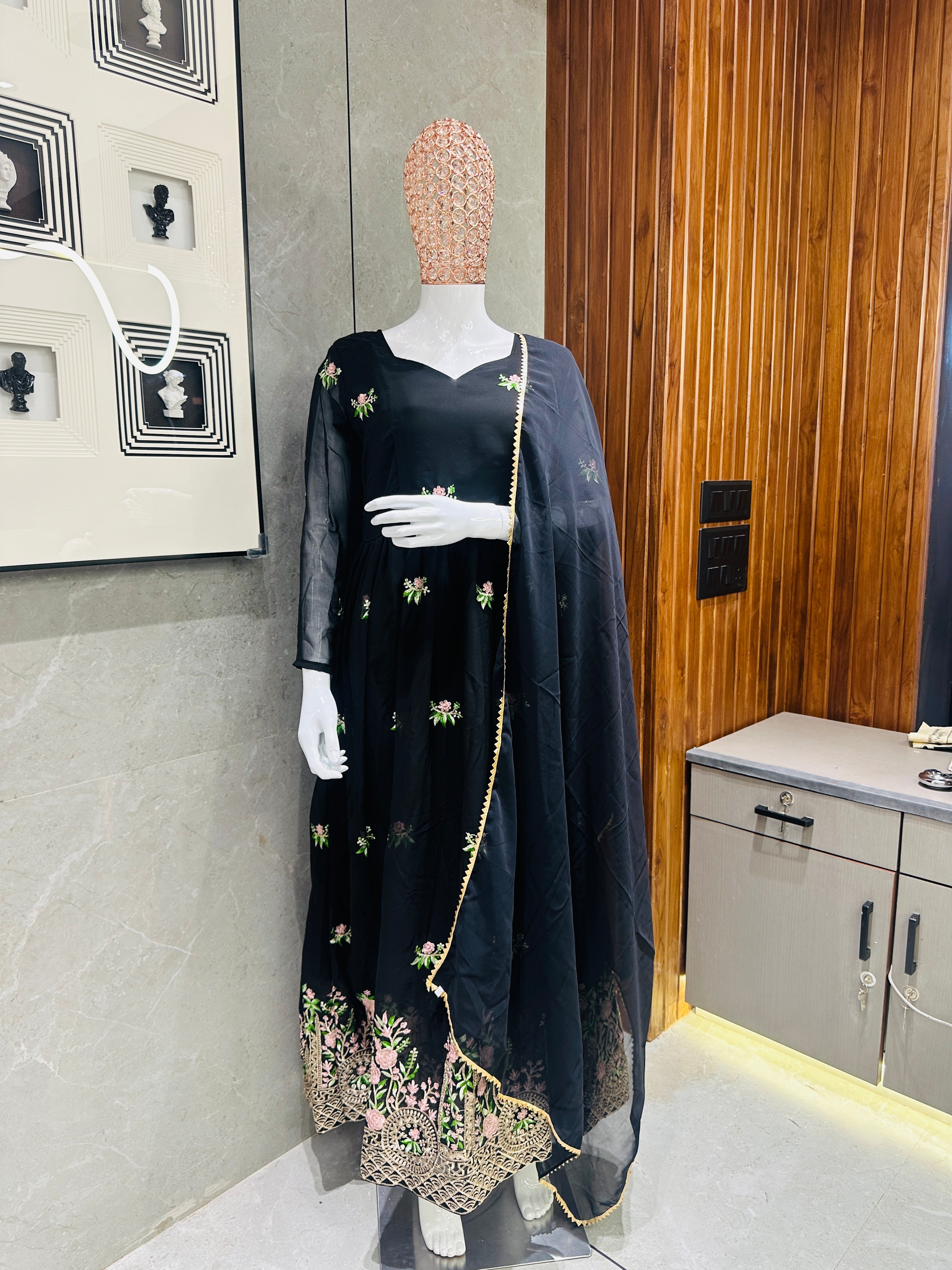 Women's Black Georgette Embroidered Gown