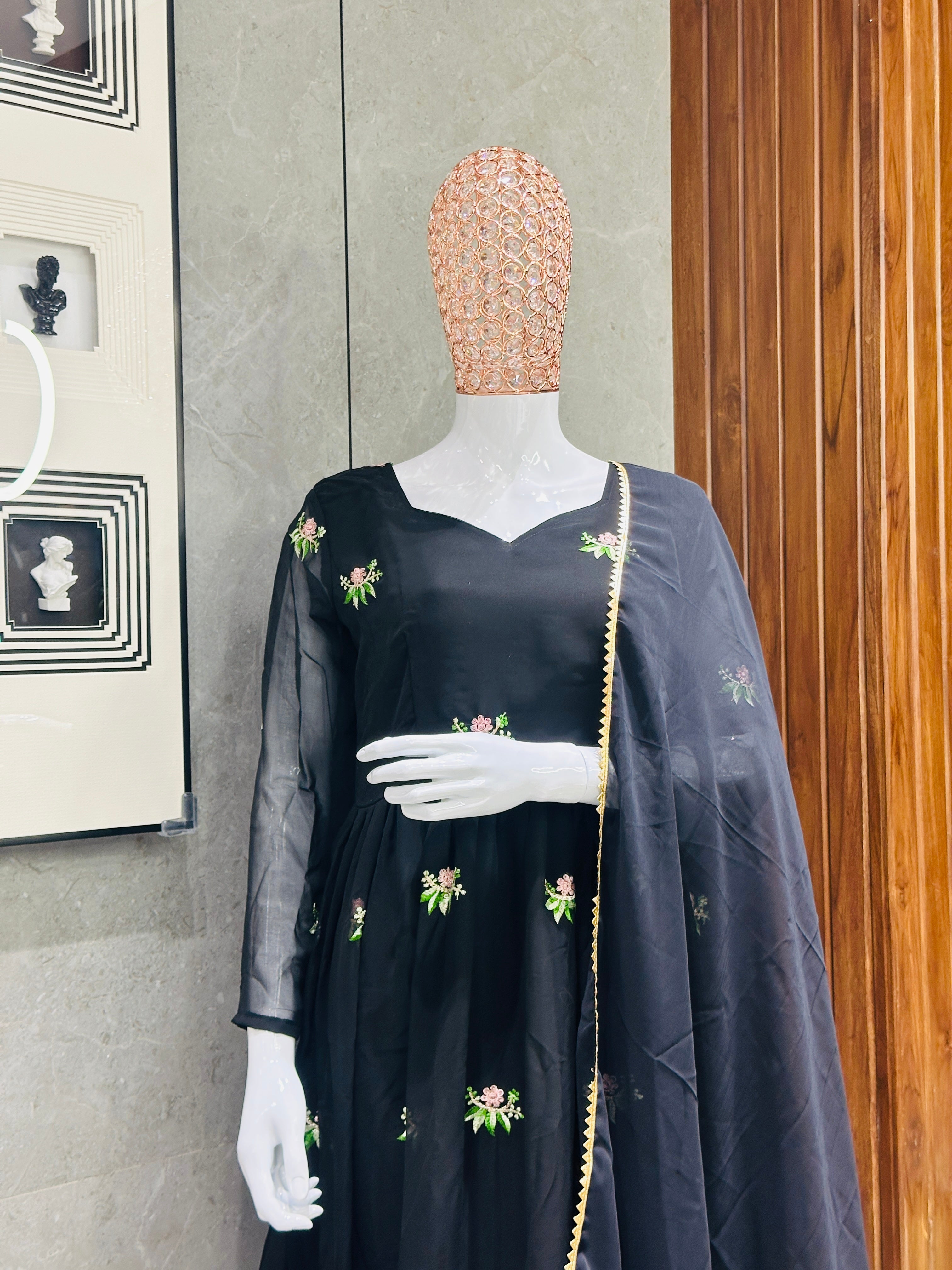 Women's Black Georgette Embroidered Gown