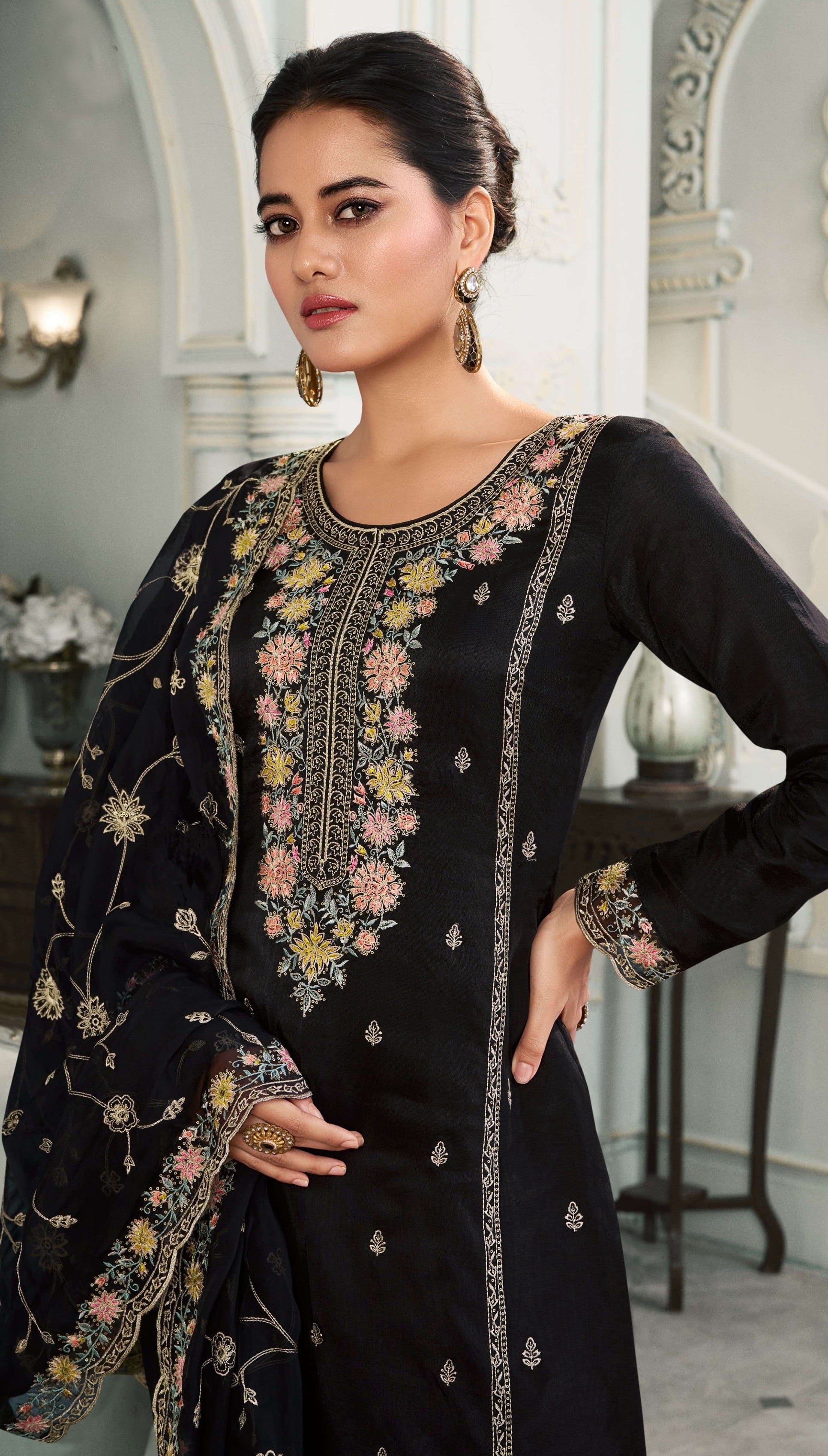 Women's Black Embroidered Muga Silk Semi Stitched Pakistani Salwar Suit | Trendia Global Women's Black Embroidered Muga Silk Semi Stitched Pakistani Salwar Suit | Trendia Global