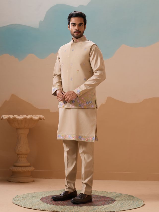 Men's Beige Viscose Silk Multi Thread With Sequence Embroidered Work Kurta Set