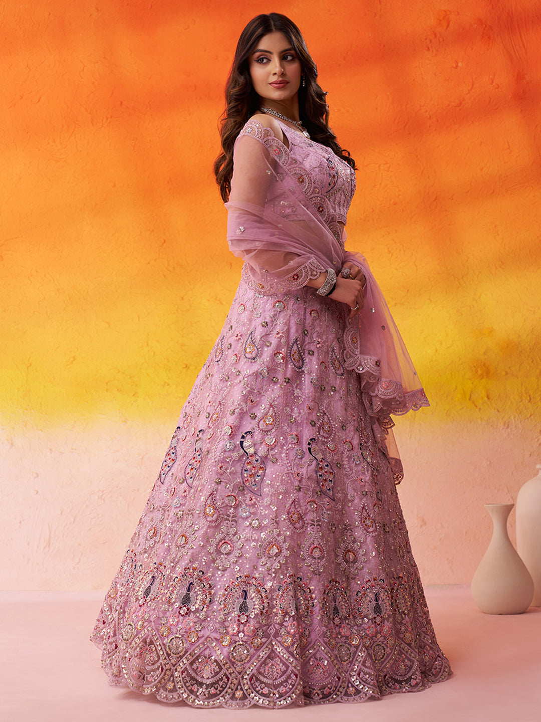 Women's Pink Net Fabric Sequins Embroidery Lehenga Blouse with Dupatta Pink / M | Trendia Global Women's Pink Net Fabric Sequins Embroidery Lehenga Blouse with Dupatta Pink / M | Trendia Global