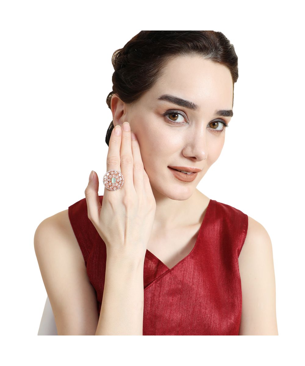 Women's American Diamond Studded Rose Gold with Green colored Stone Statement Cocktail Ring