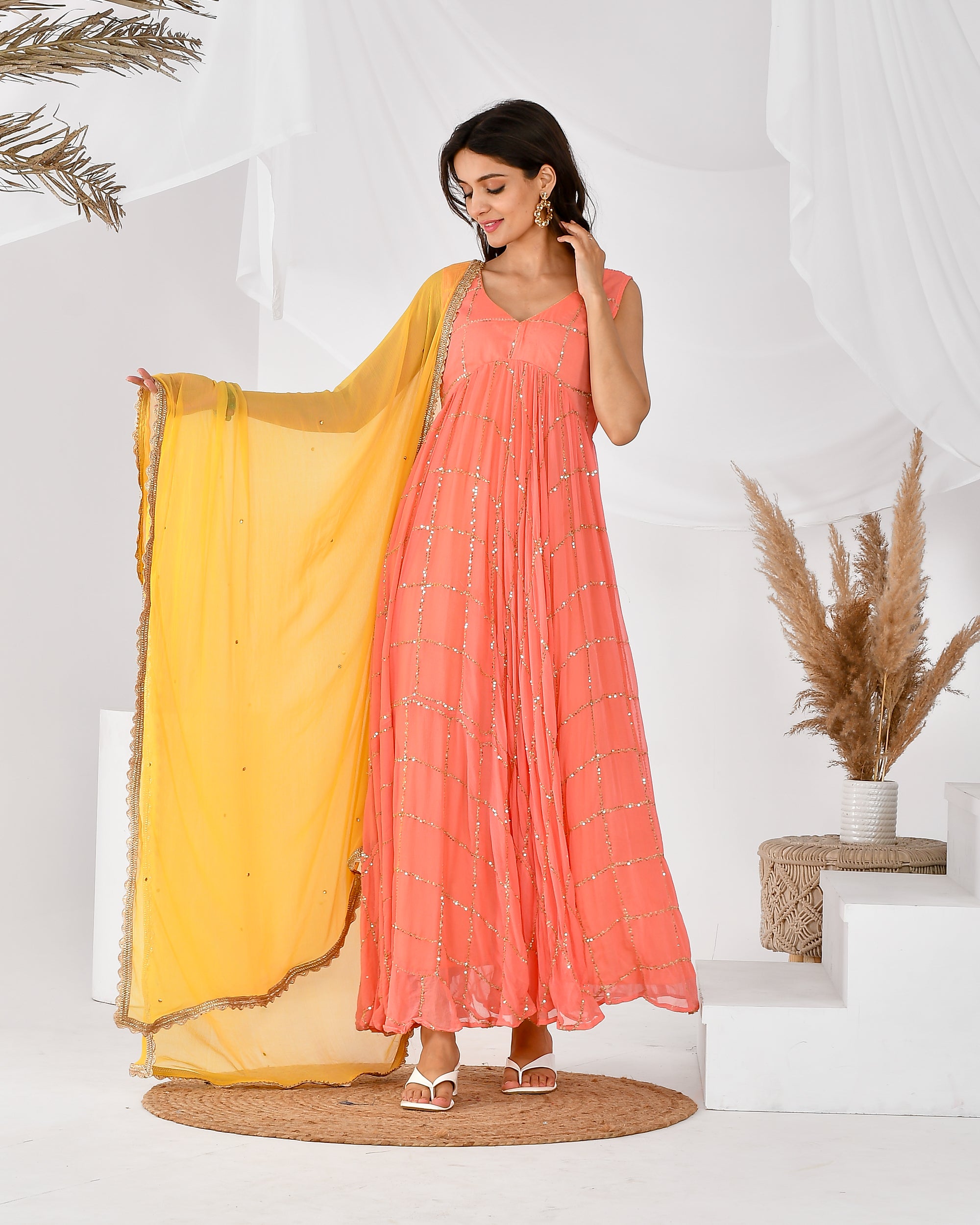 Women's Peach check anarkali s