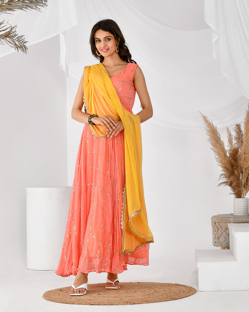 Women's Peach check anarkali s