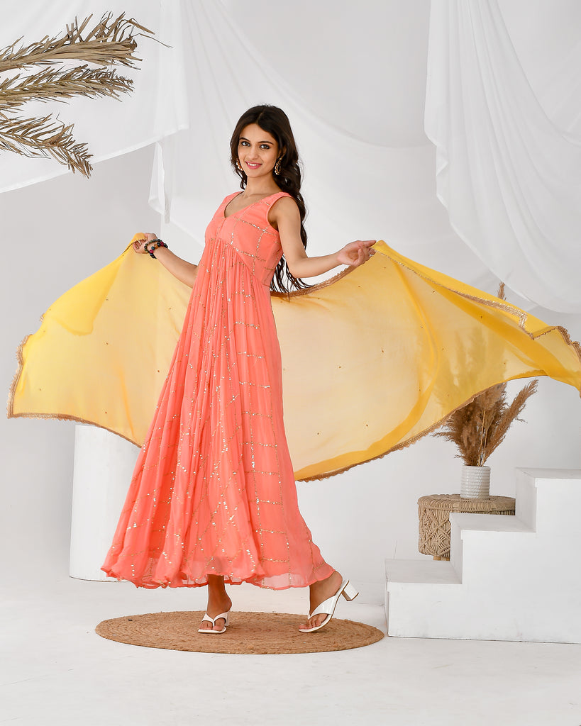 Women's Peach check anarkali s
