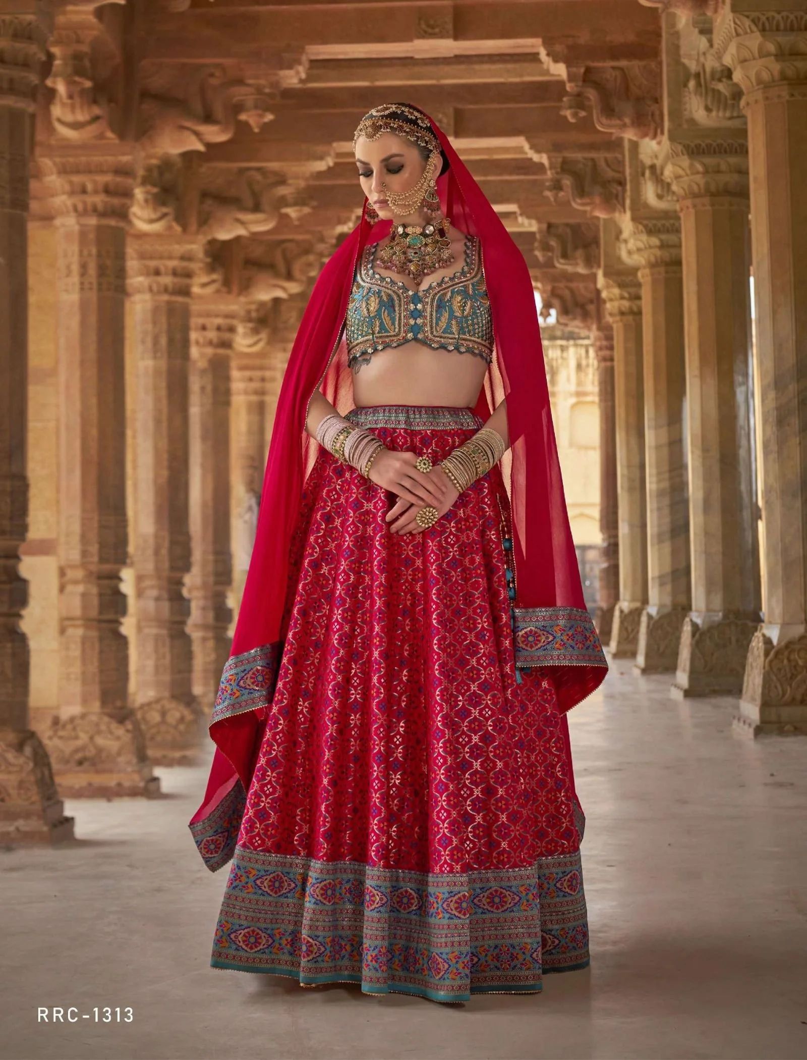 Women's Pink Lehnga With Green Blouse,Combination Duptta &Sequence Work - Phenav
