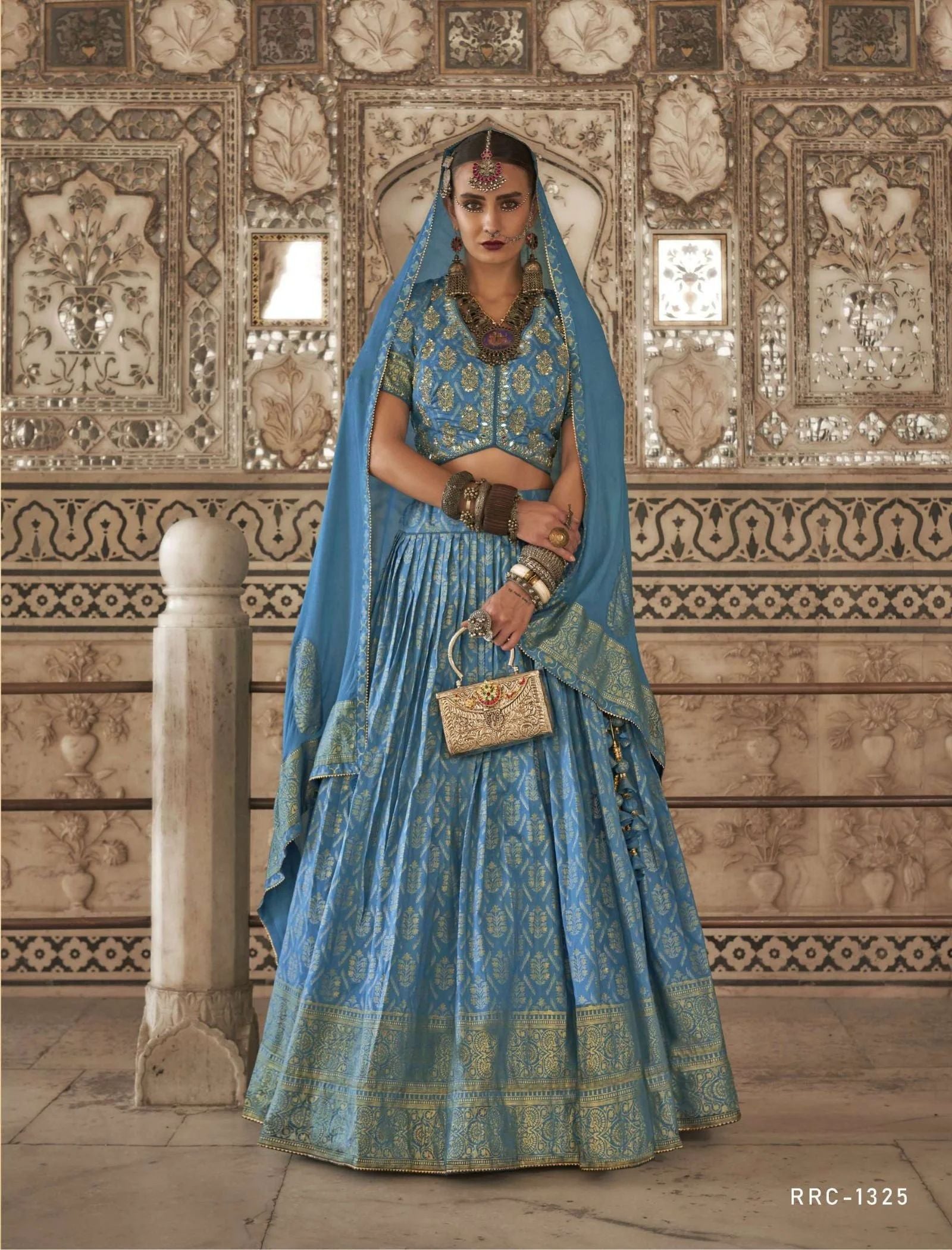 Women's Sky Blue Printed Cotton Lehenga Set With Dupatta - Phenav