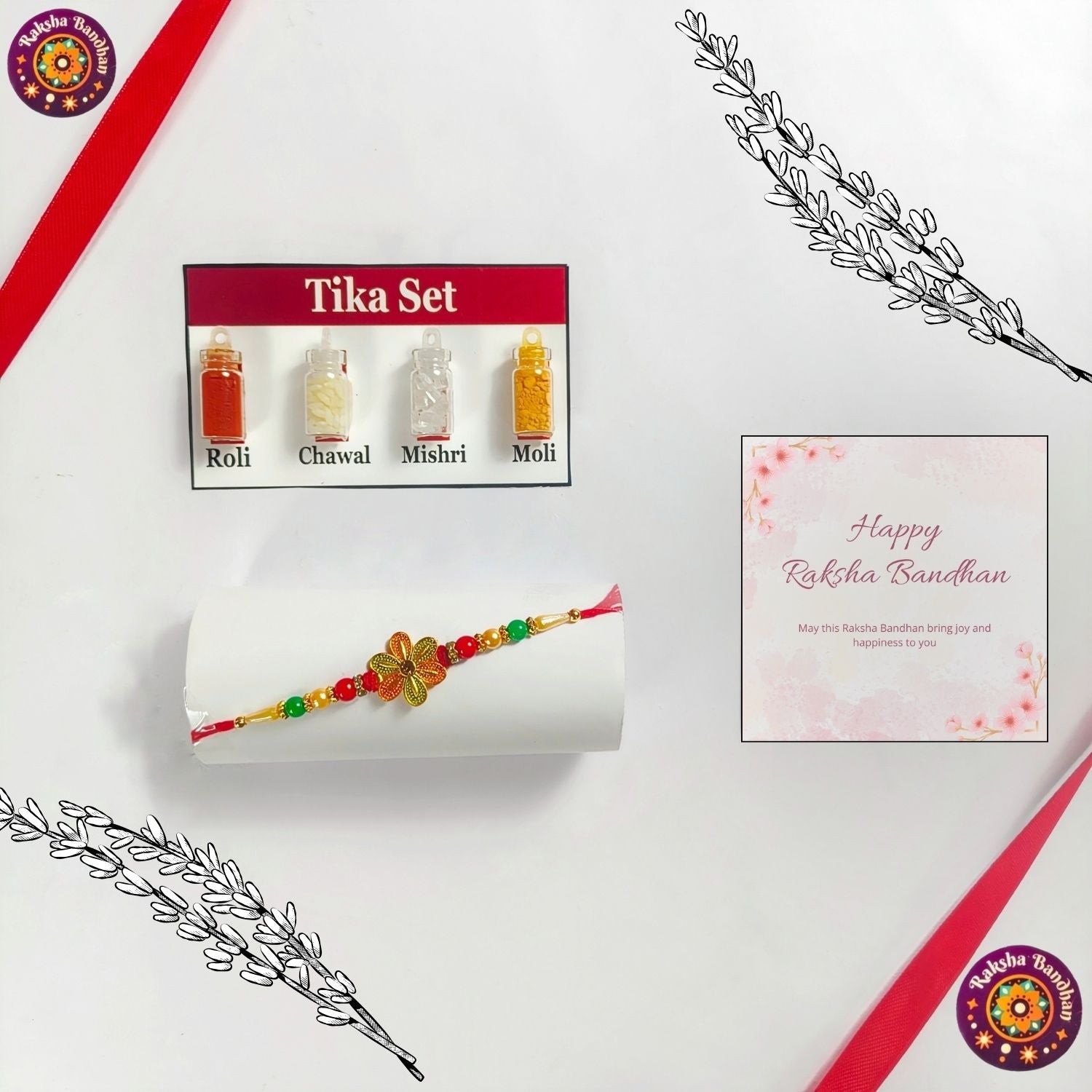 Set Of 1 Rakhi For Brother With Roli, Chawal, Tika Set And Greeting