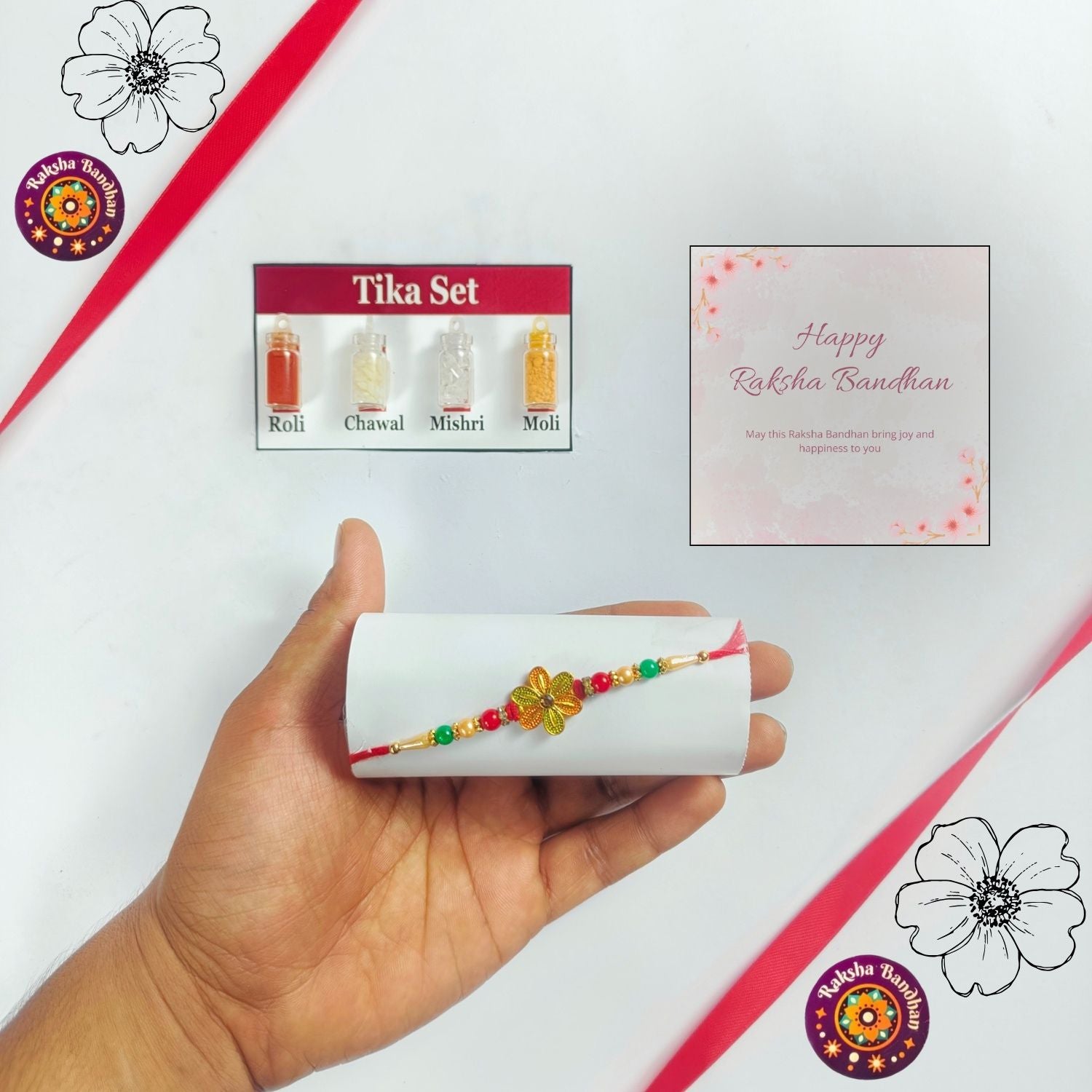 Set Of 1 Rakhi For Brother With Roli, Chawal, Tika Set And Greeting