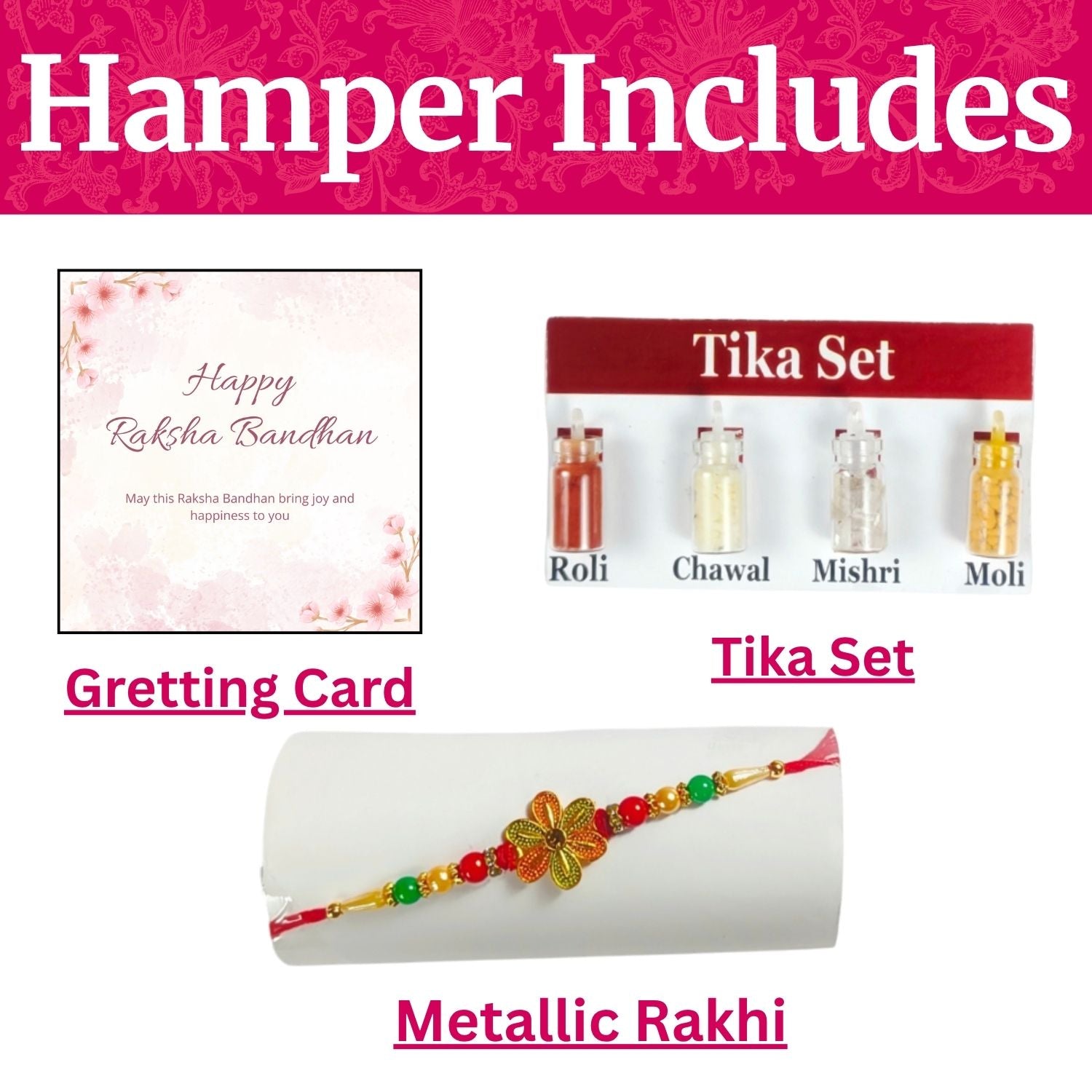 Set Of 1 Rakhi For Brother With Roli, Chawal, Tika Set And Greeting