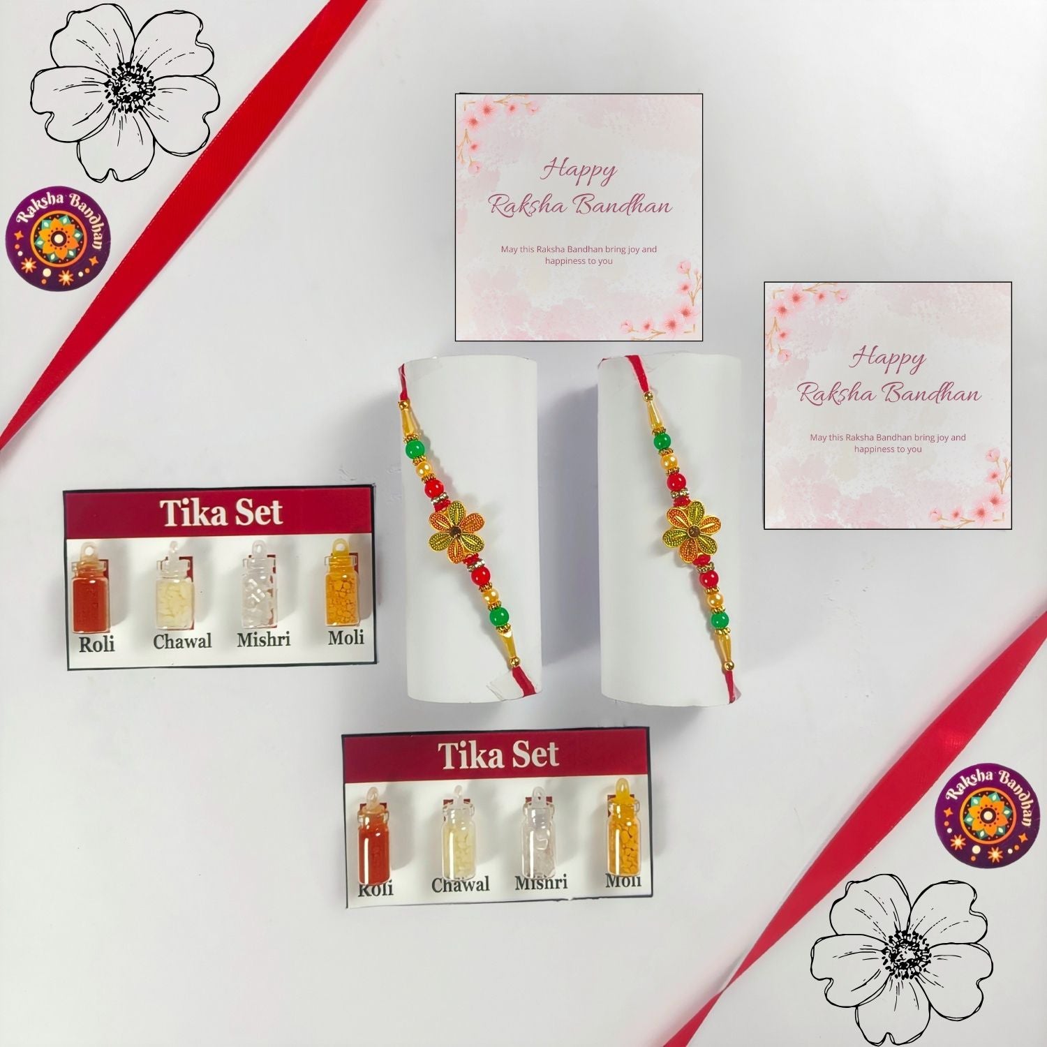 Set Of  Rakhi For Brother With 2 Roli, Chawal, Tika Set And 2 Greeting