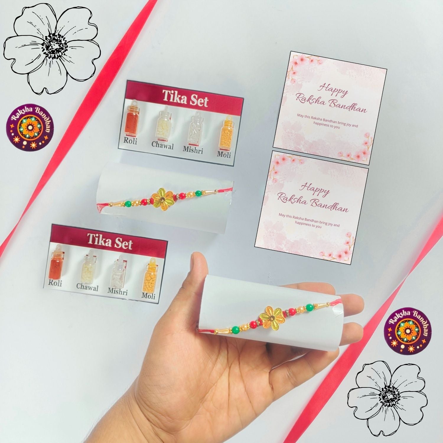 Set Of  Rakhi For Brother With 2 Roli, Chawal, Tika Set And 2 Greeting