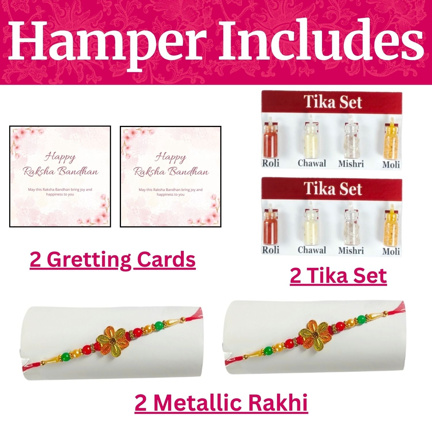 Set Of  Rakhi For Brother With 2 Roli, Chawal, Tika Set And 2 Greeting