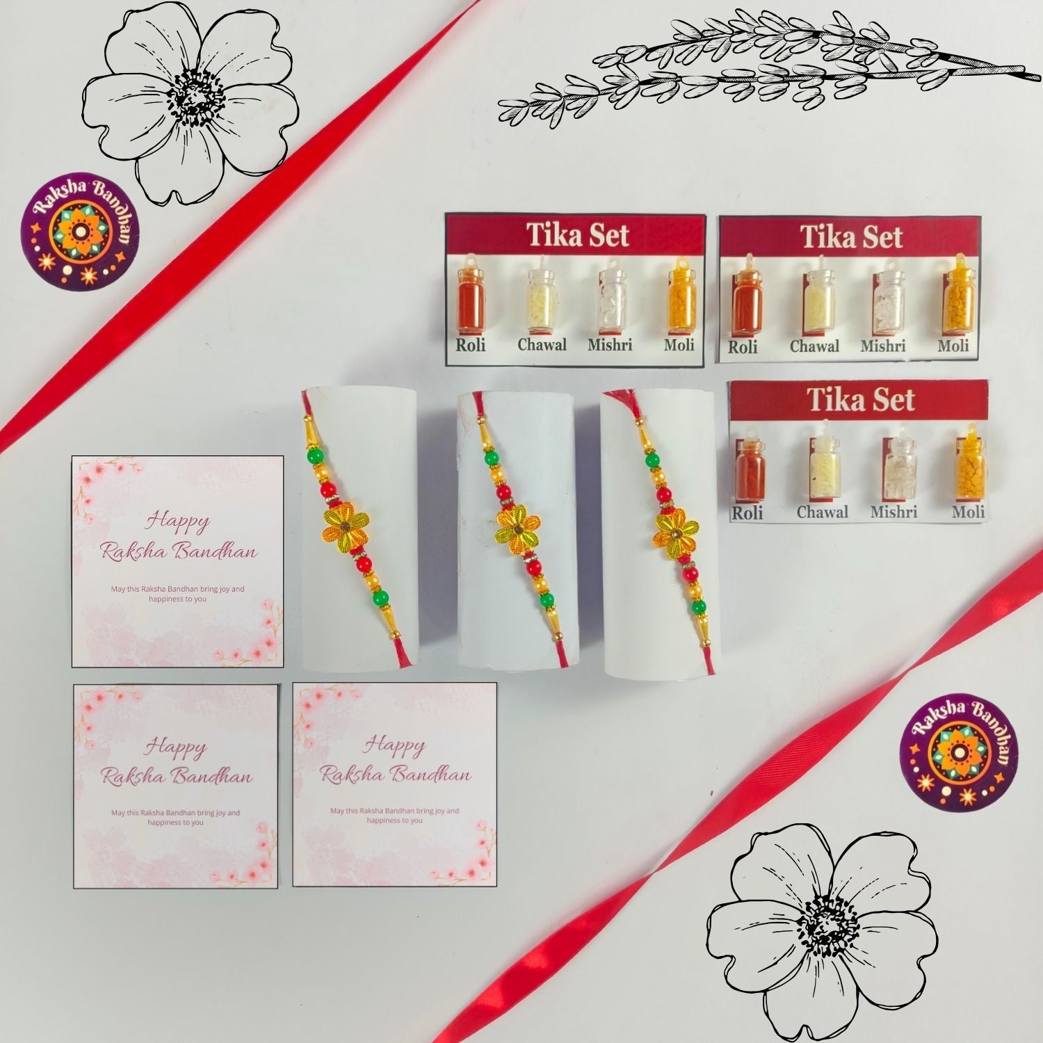 Set Of 3 Rakhi For Brother With 3 Roli, Chawal, Tika Set And 3 Greeting