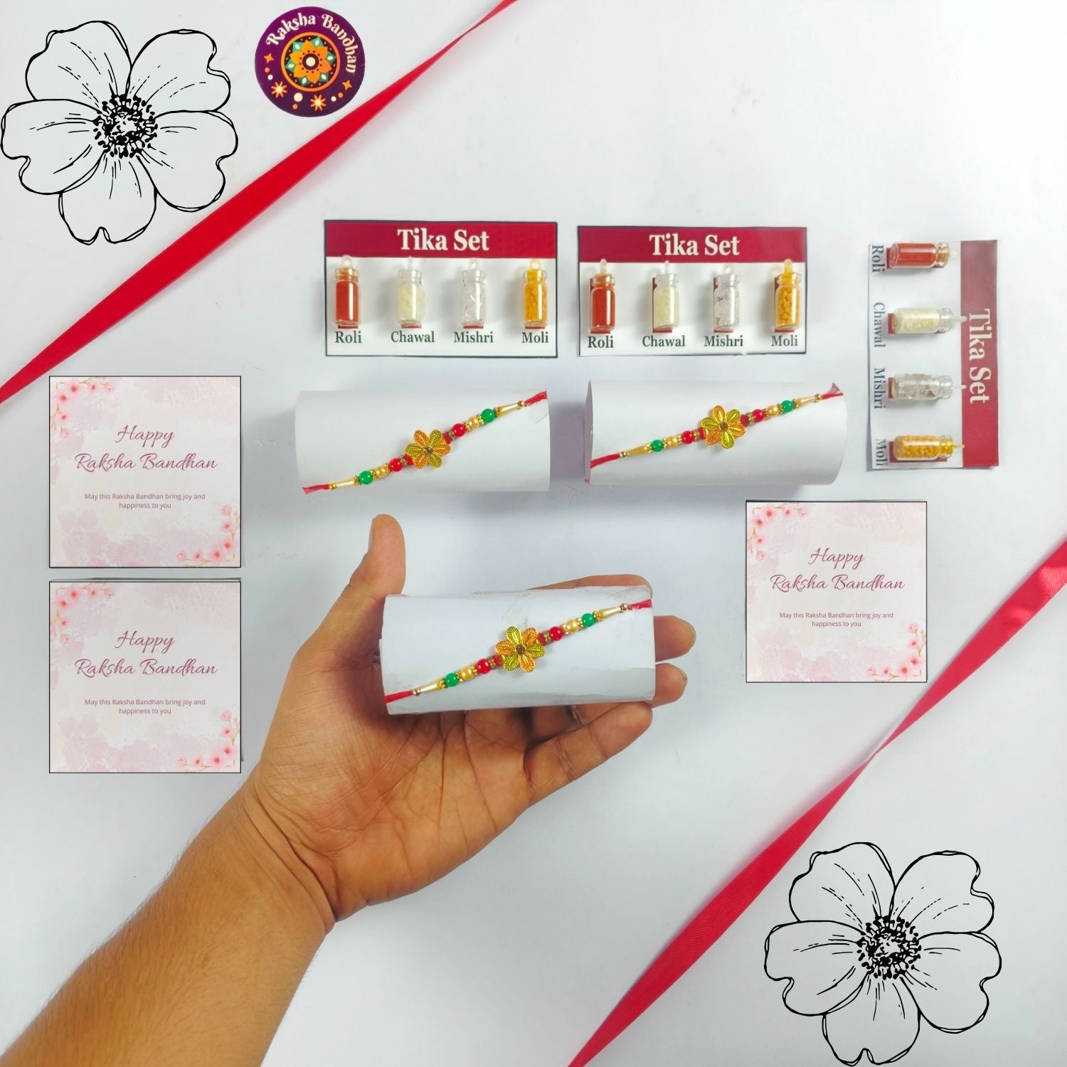 Set Of 3 Rakhi For Brother With 3 Roli, Chawal, Tika Set And 3 Greeting